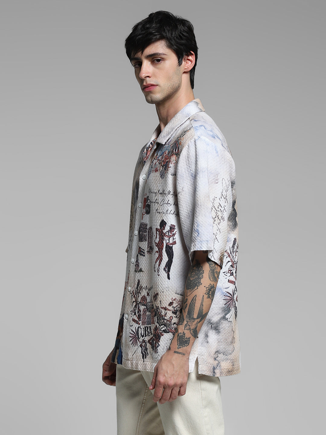 White Cuba Print Cotton Oversized Shirt