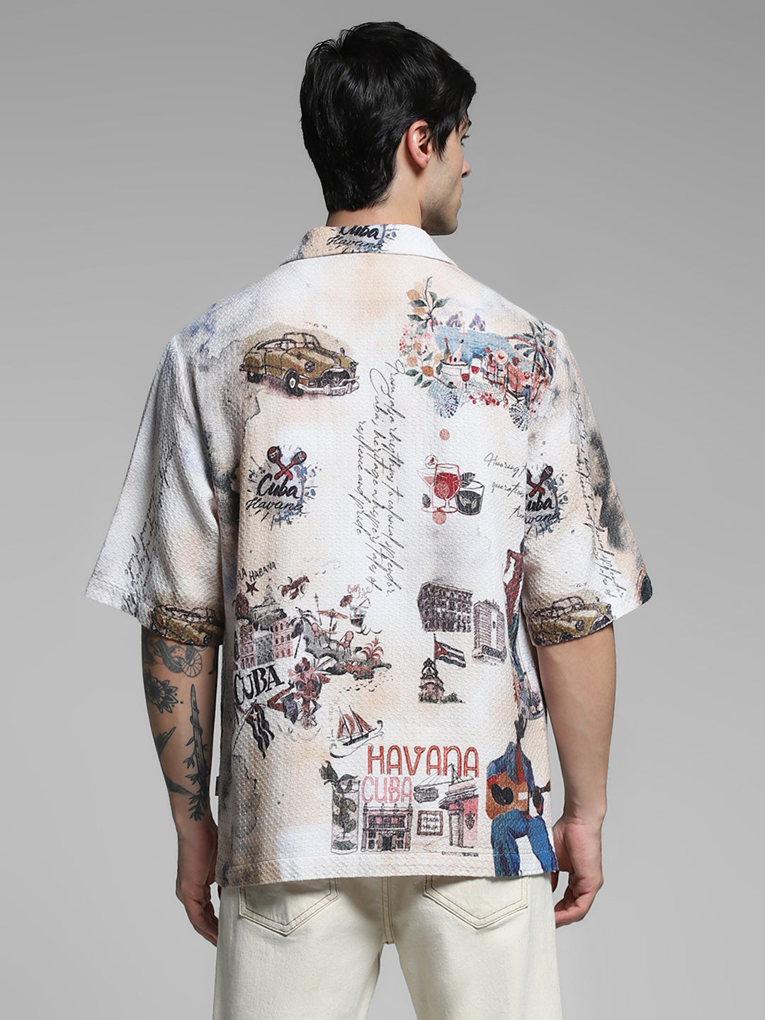 White Cuba Print Cotton Oversized Shirt