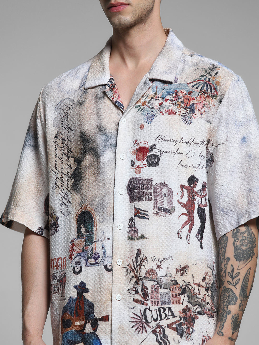 White Cuba Print Cotton Oversized Shirt