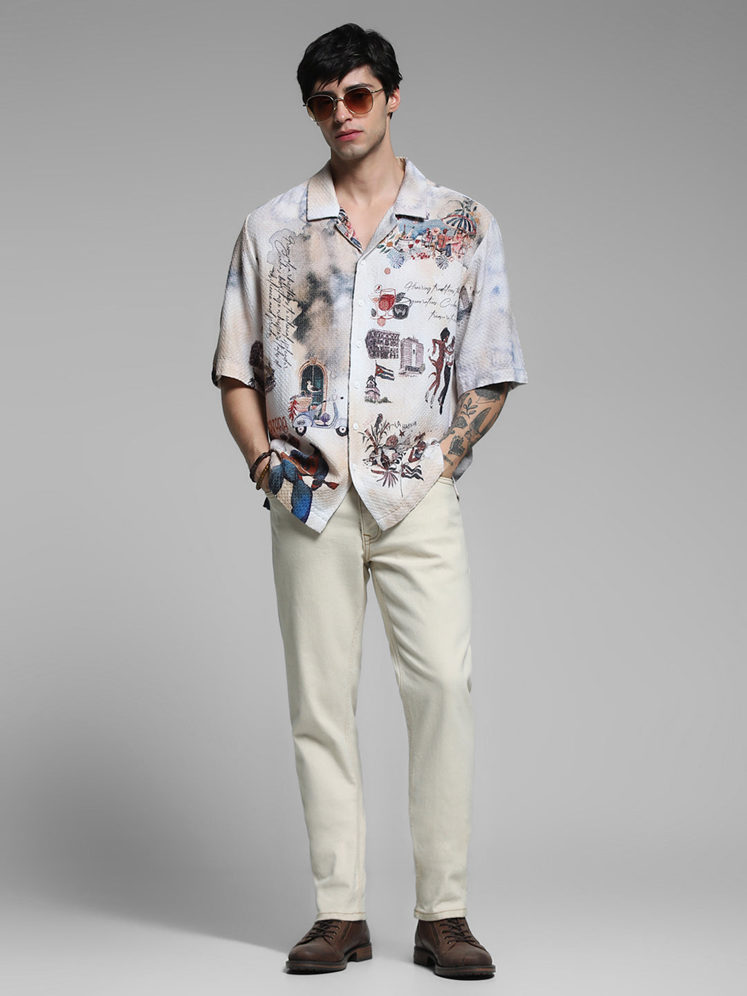 White Cuba Print Cotton Oversized Shirt