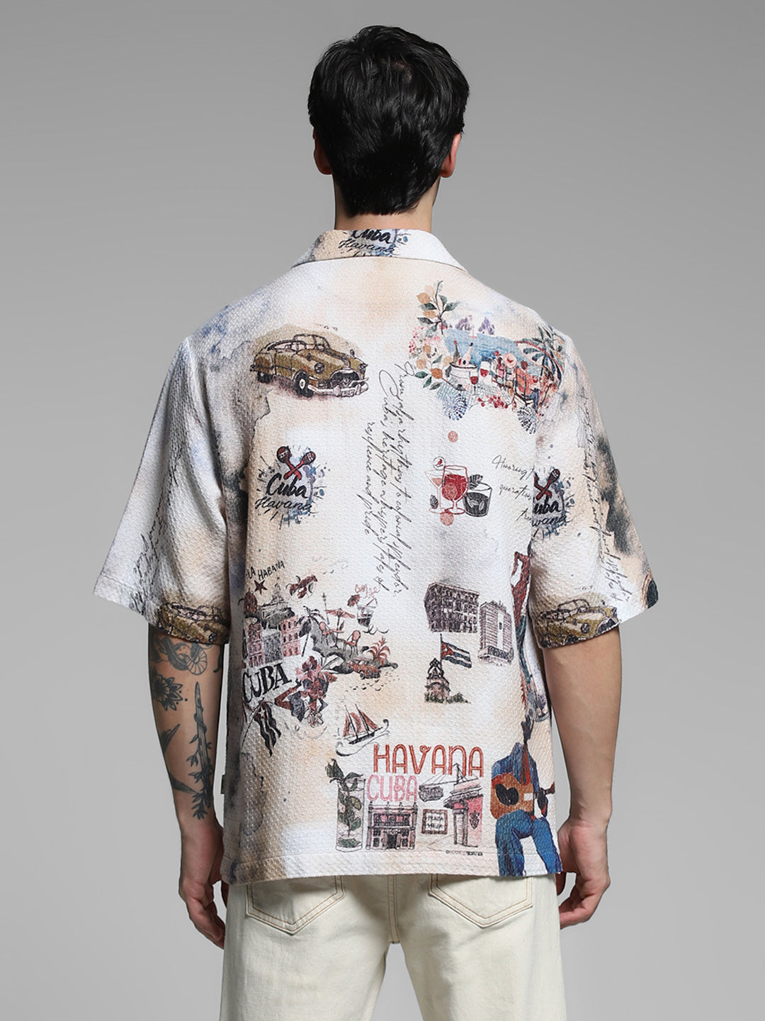 White Cuba Print Cotton Oversized Shirt