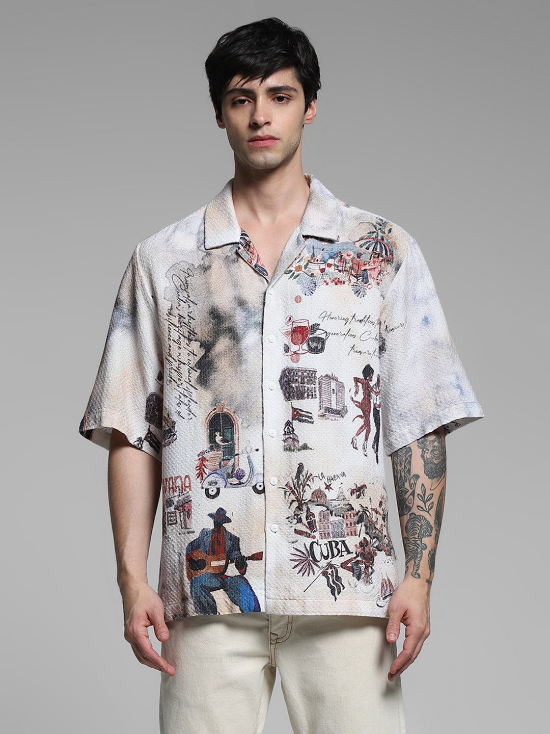 White Cuba Print Cotton Oversized Shirt