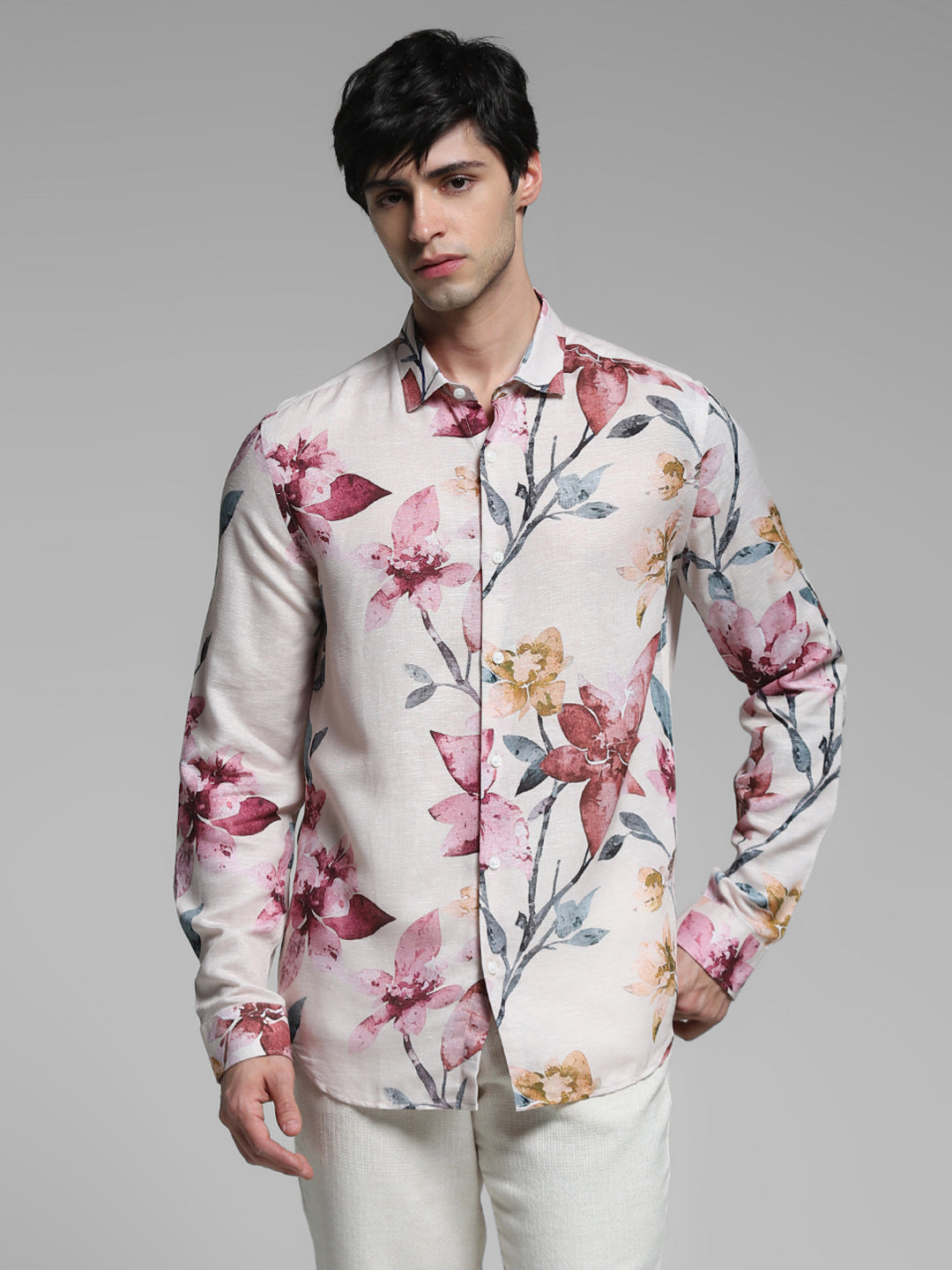 Orange Floral Linen Blend Shirt