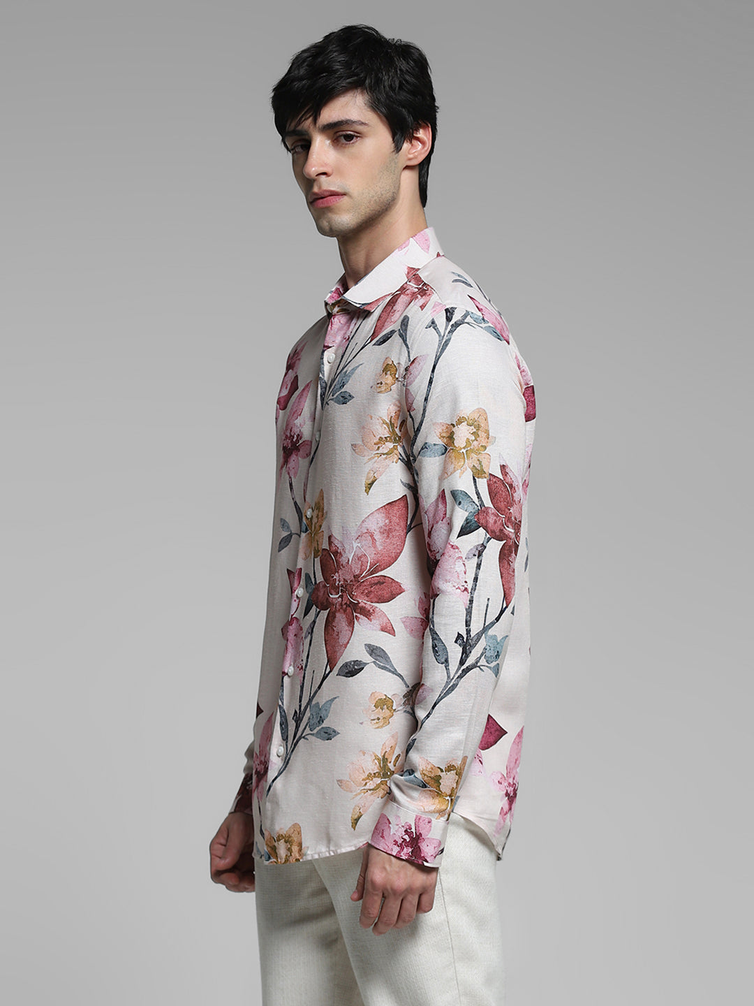 Orange Floral Linen Blend Shirt