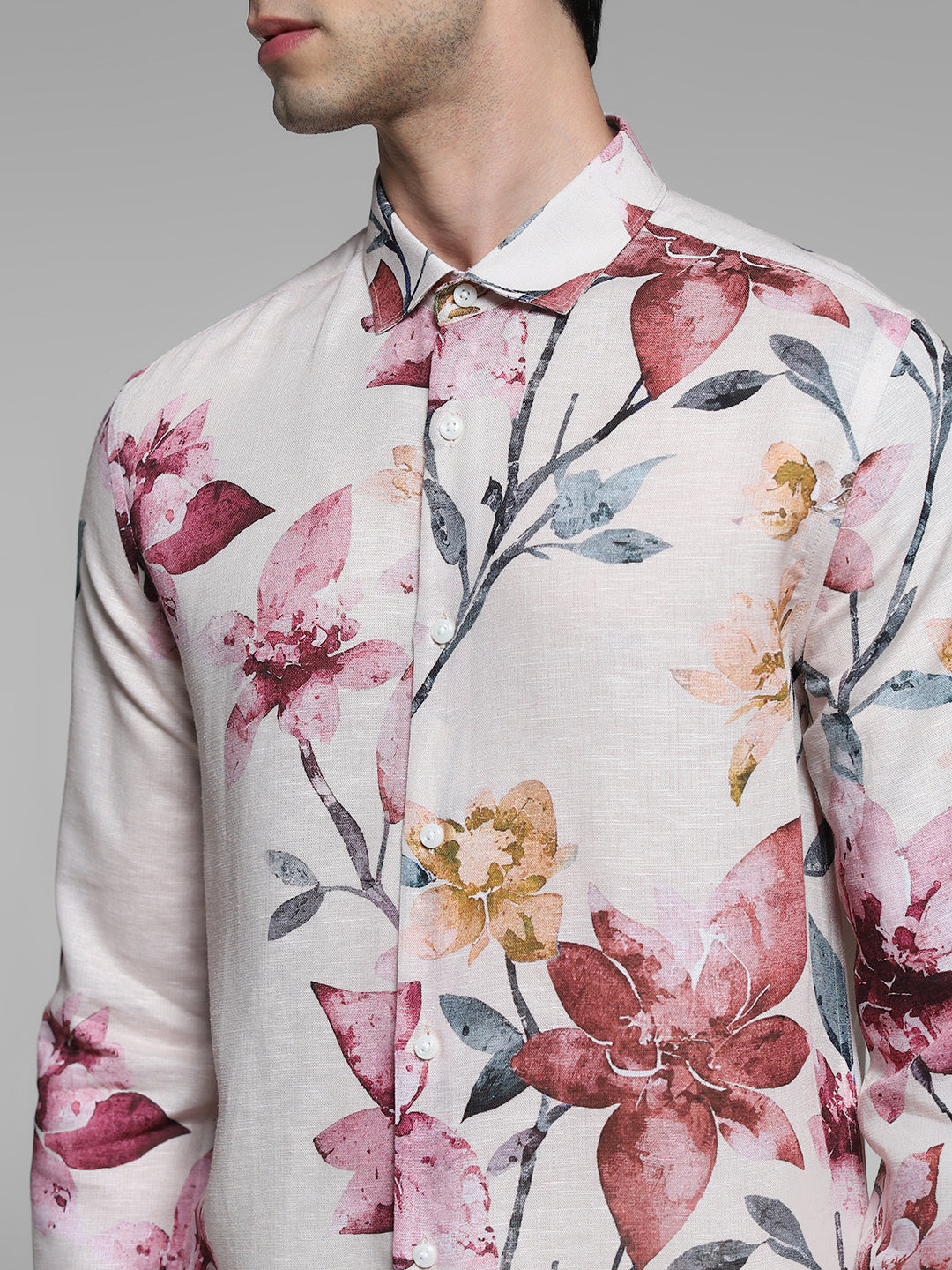Orange Floral Linen Blend Shirt