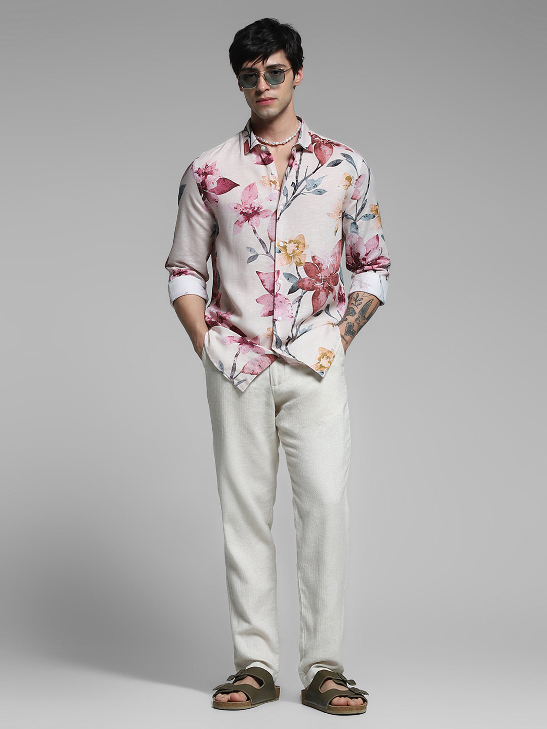 Orange Floral Linen Blend Shirt