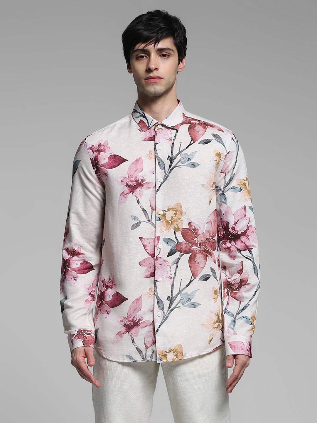 Orange Floral Linen Blend Shirt