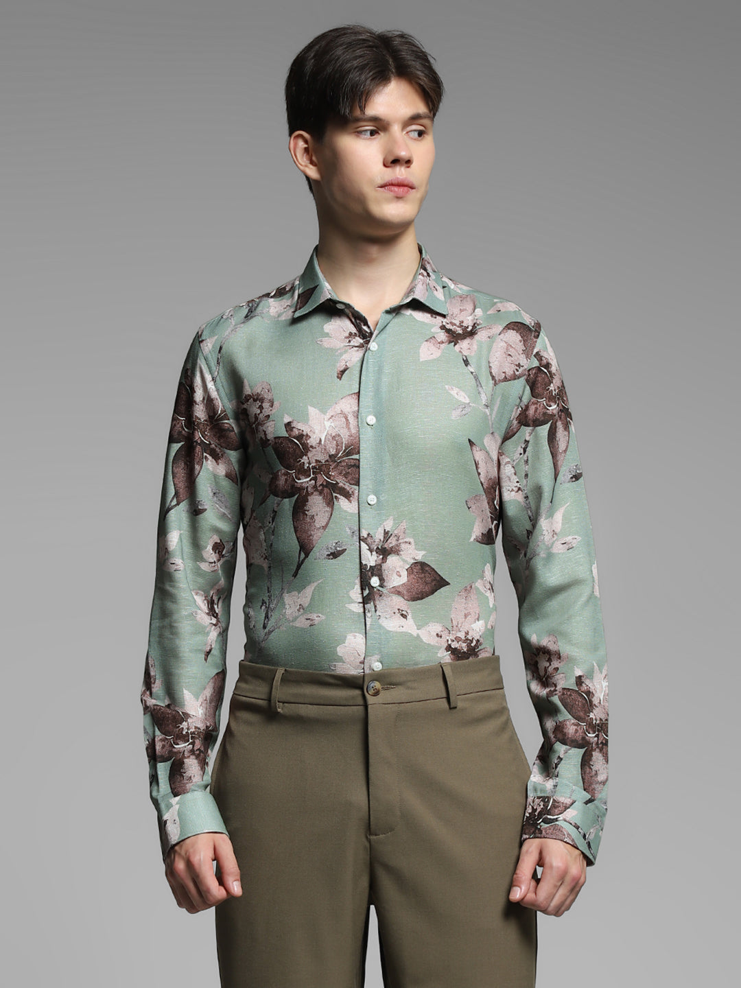 JACK&JONES Green Floral Linen Blend Shirt