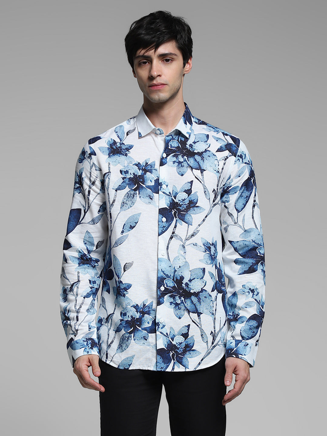 White Floral Linen Blend Shirt