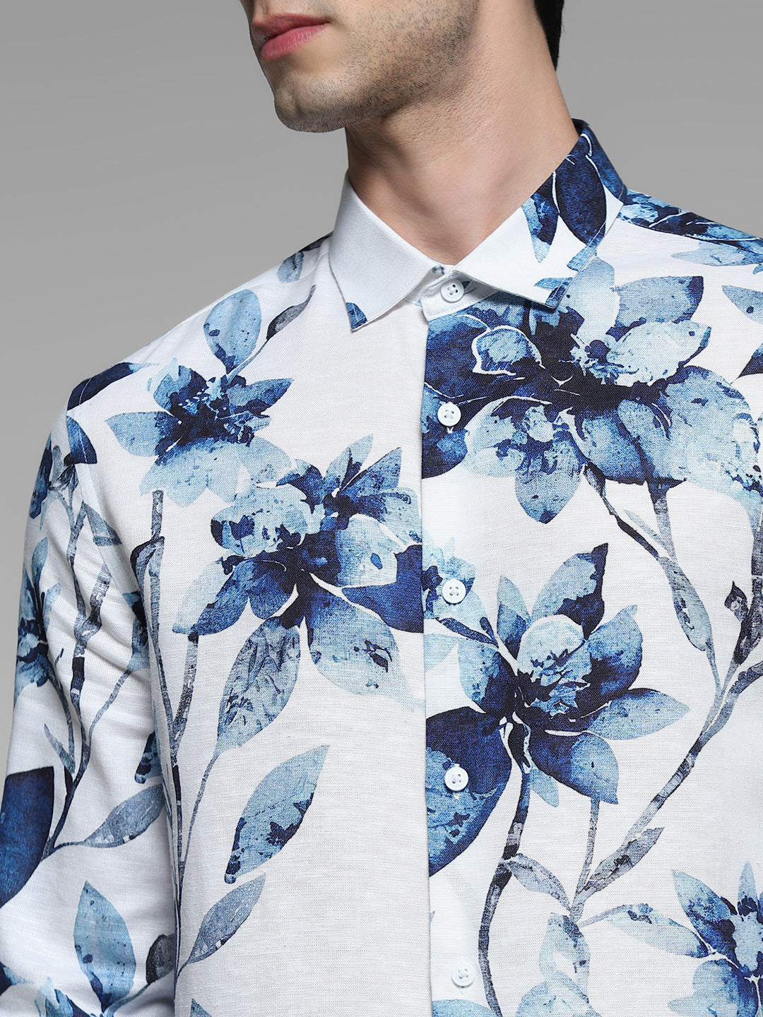 White Floral Linen Blend Shirt