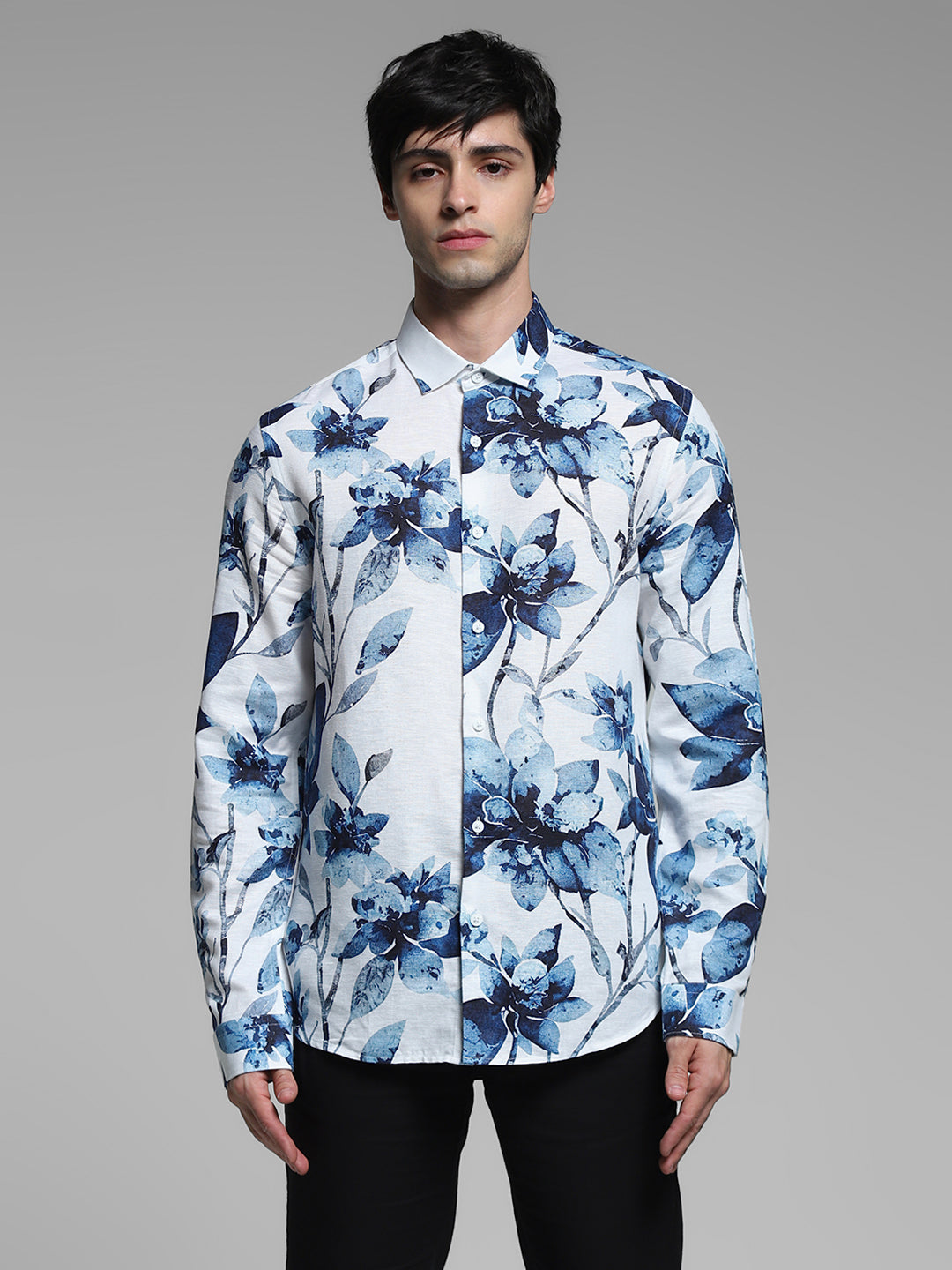 White Floral Linen Blend Shirt