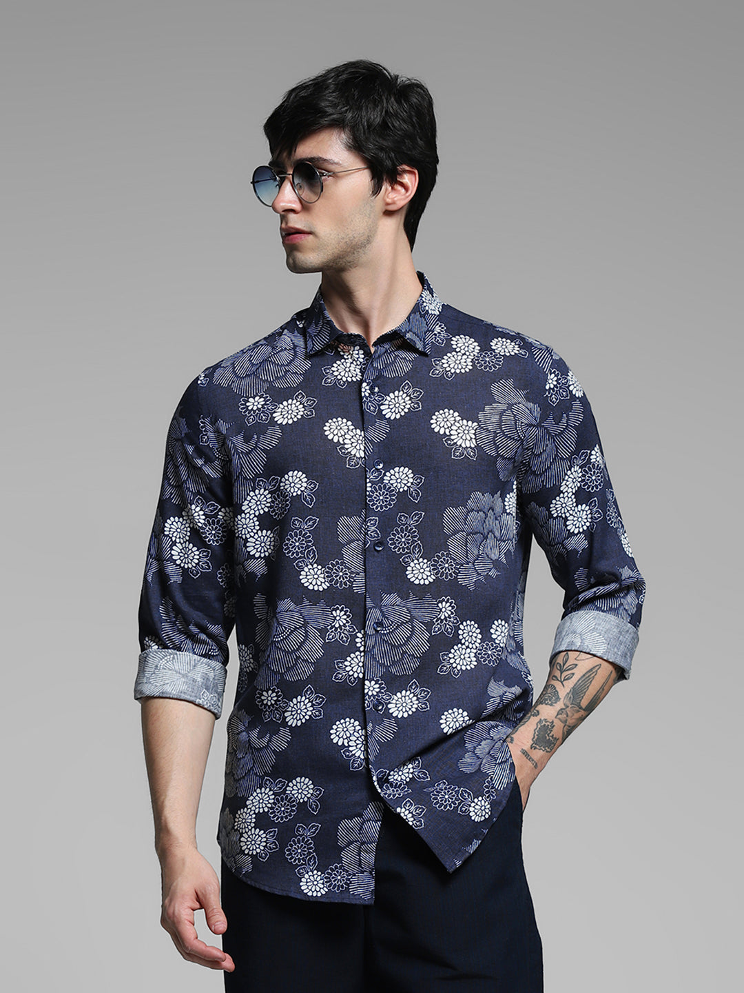 Dark Blue Floral Linen Blend Shirt