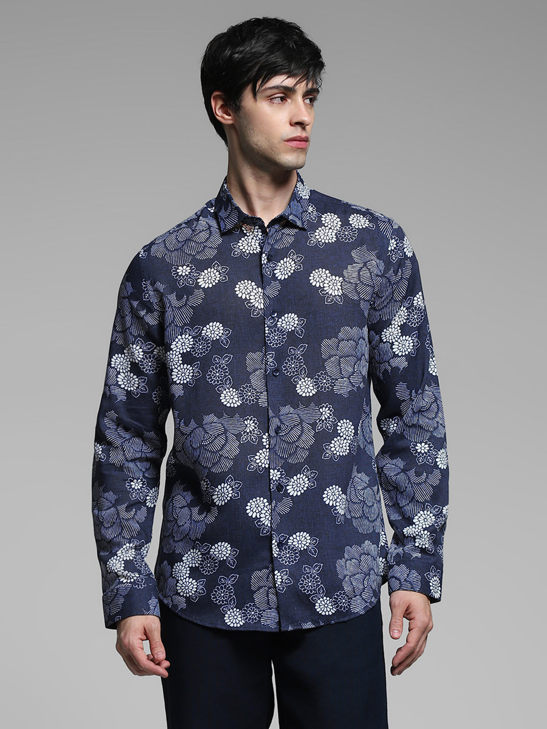 Dark Blue Floral Linen Blend Shirt