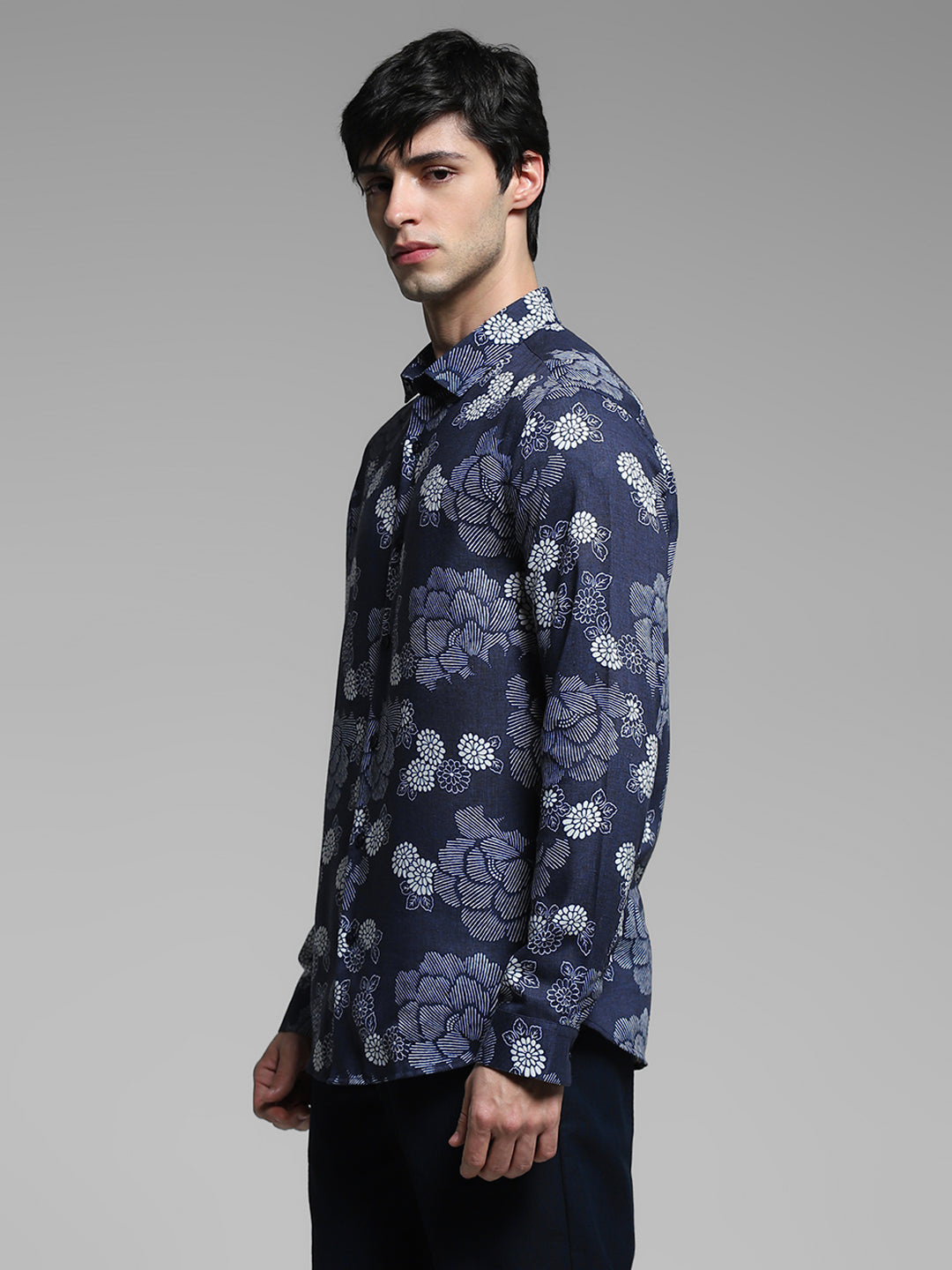 Dark Blue Floral Linen Blend Shirt