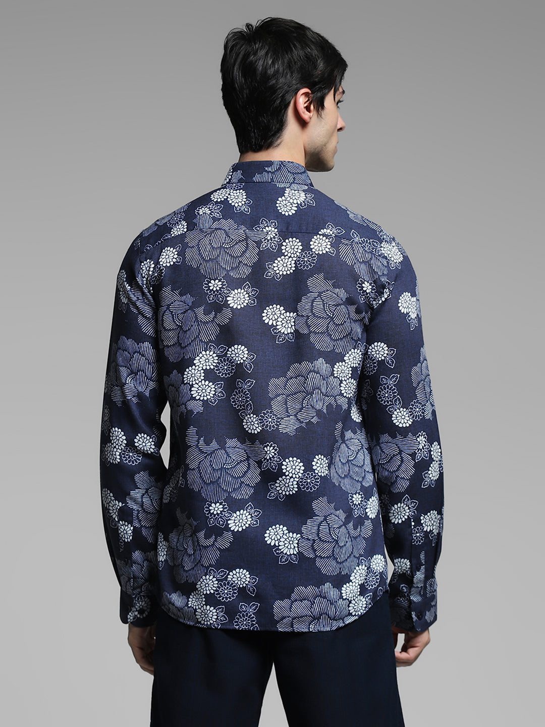 Dark Blue Floral Linen Blend Shirt