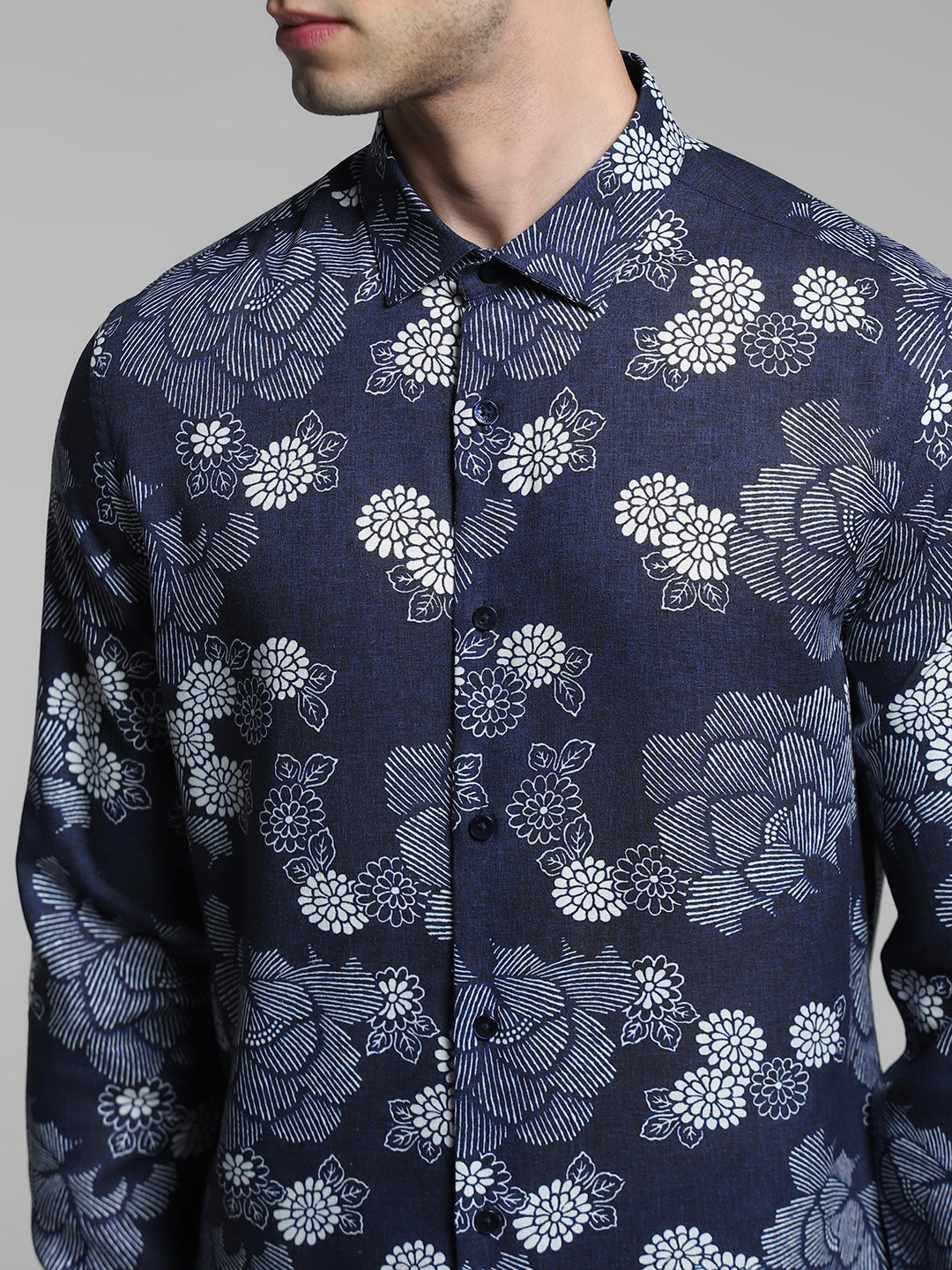 Dark Blue Floral Linen Blend Shirt