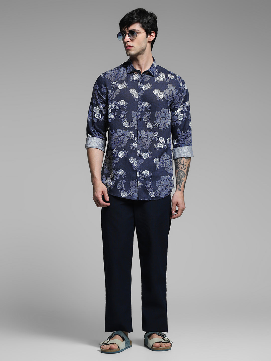 Dark Blue Floral Linen Blend Shirt