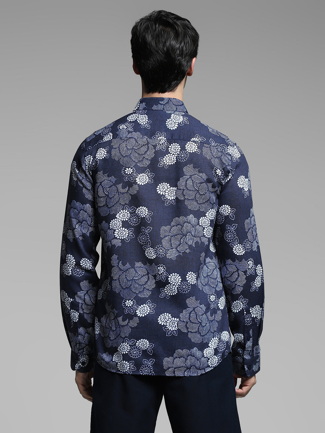 Dark Blue Floral Linen Blend Shirt