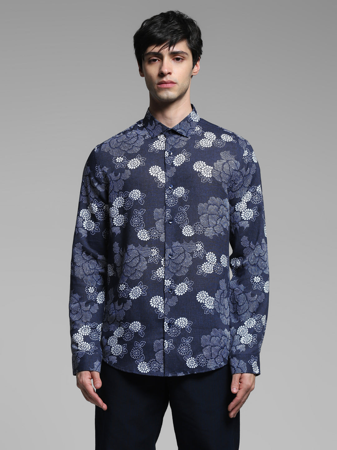 Dark Blue Floral Linen Blend Shirt