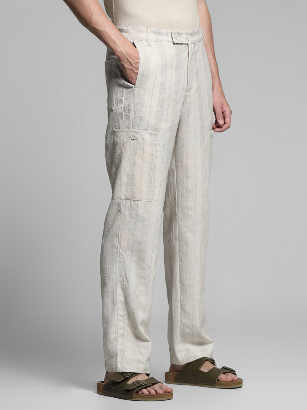 Cream Striped Regular Fit Pants
