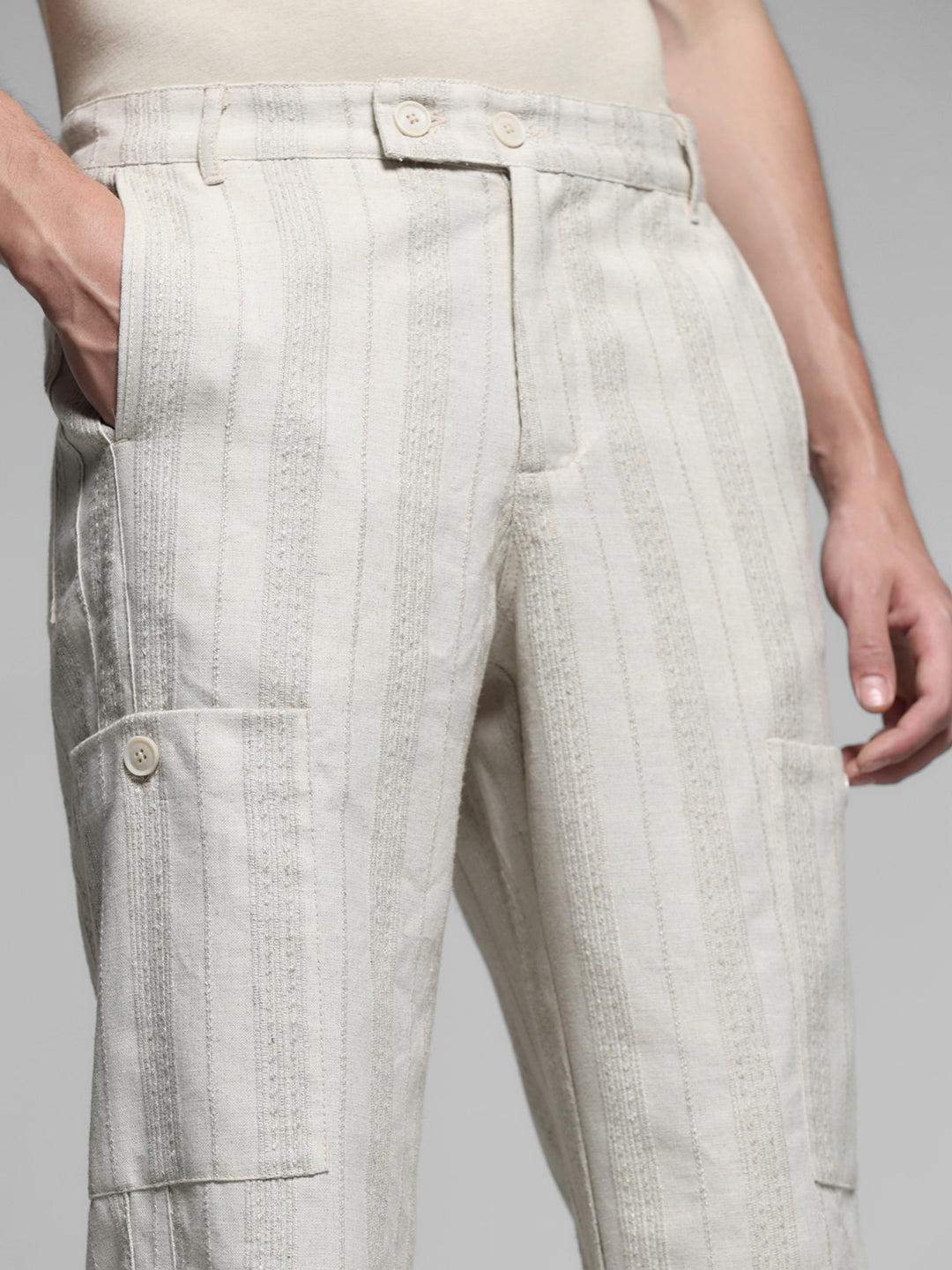 Cream Striped Regular Fit Pants