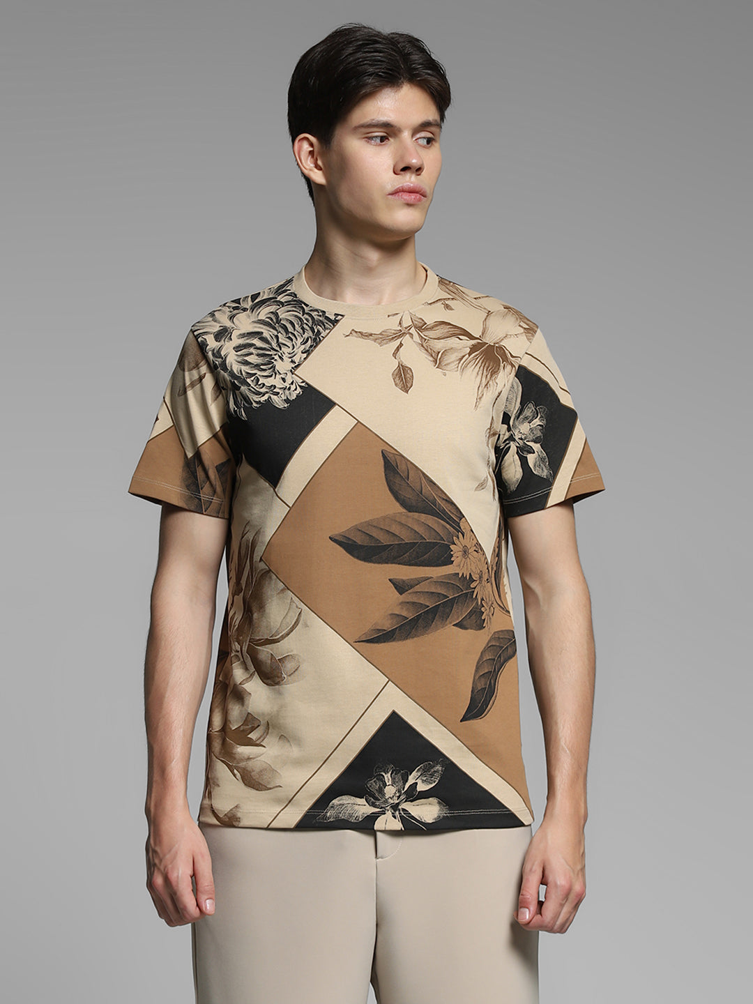 Printed Cotton T-shirt - Light Brown