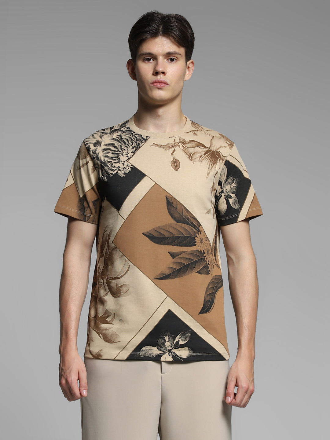 Printed Cotton T-shirt - Light Brown