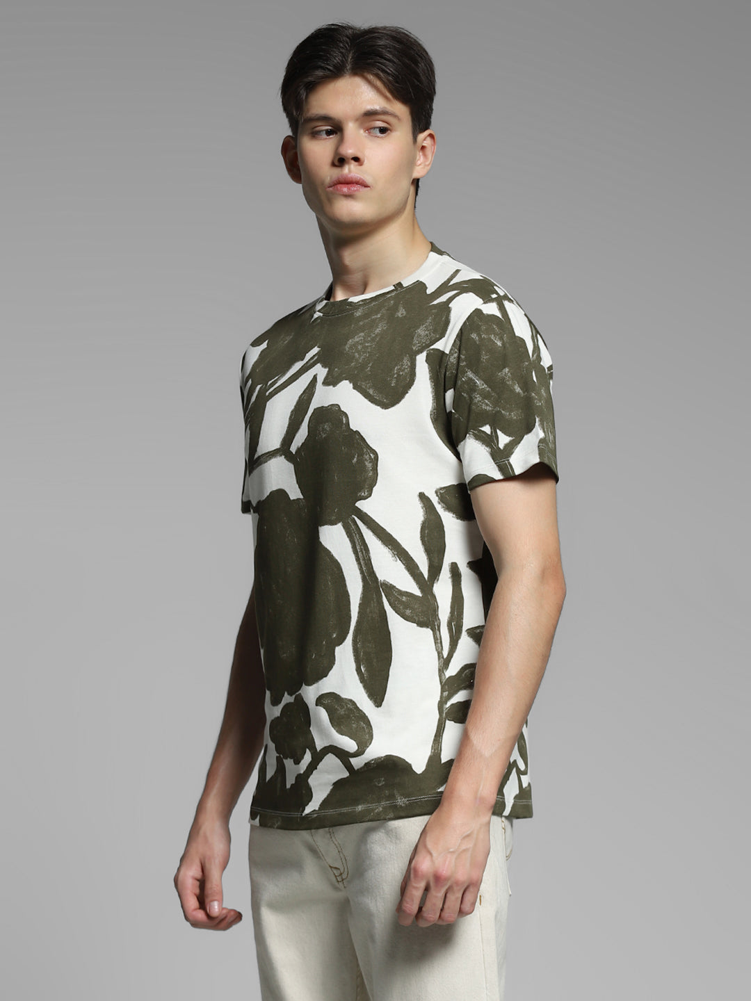 White & Green Printed Cotton T-shirt