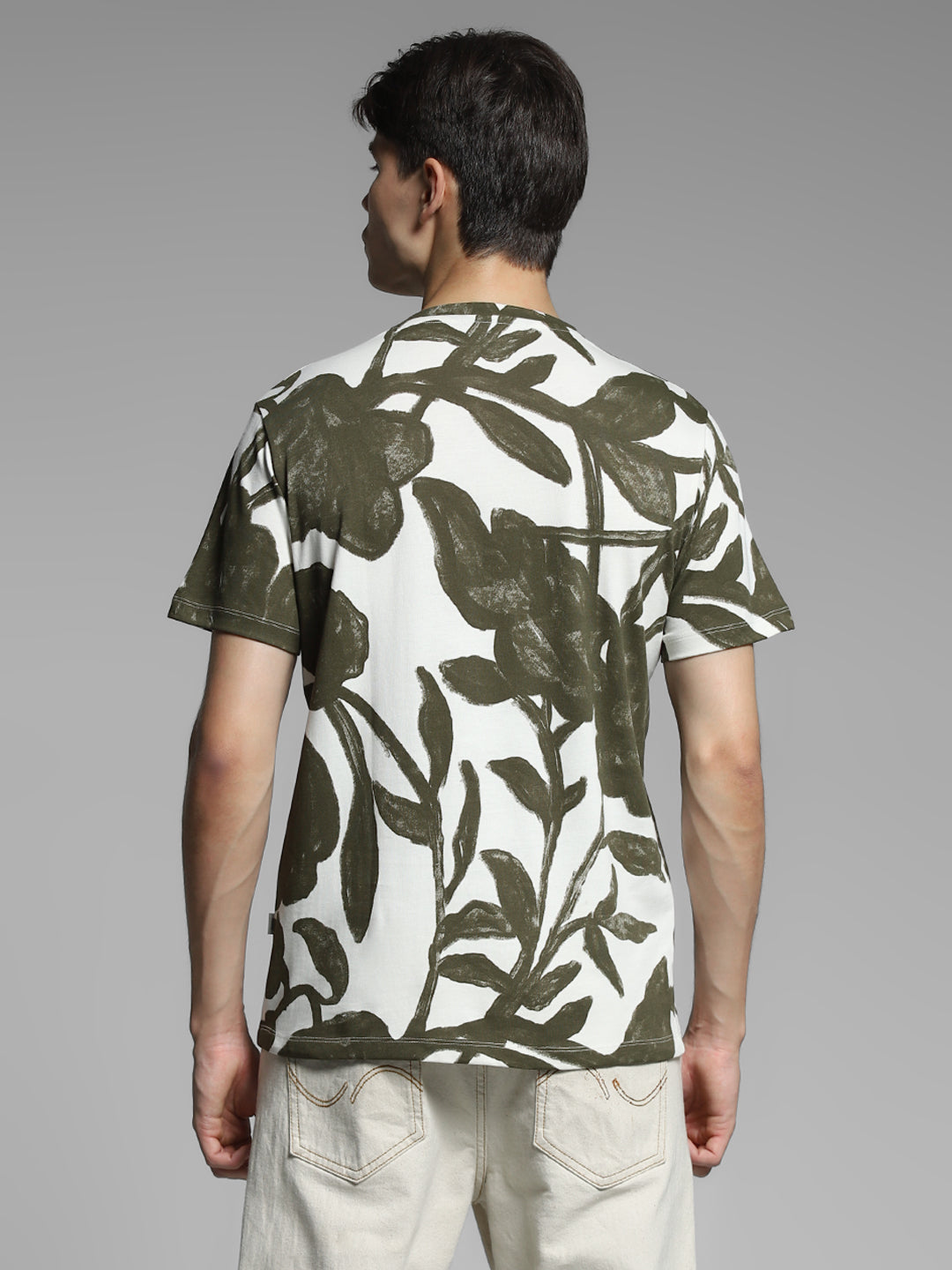 White & Green Printed Cotton T-shirt