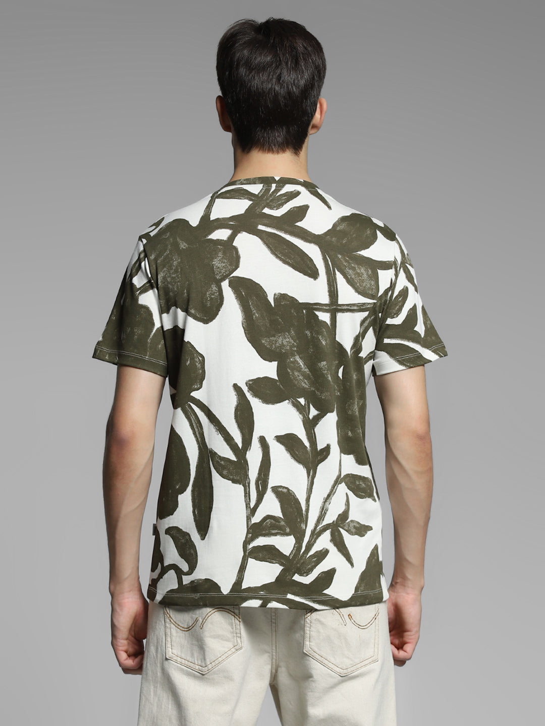 White & Green Printed Cotton T-shirt