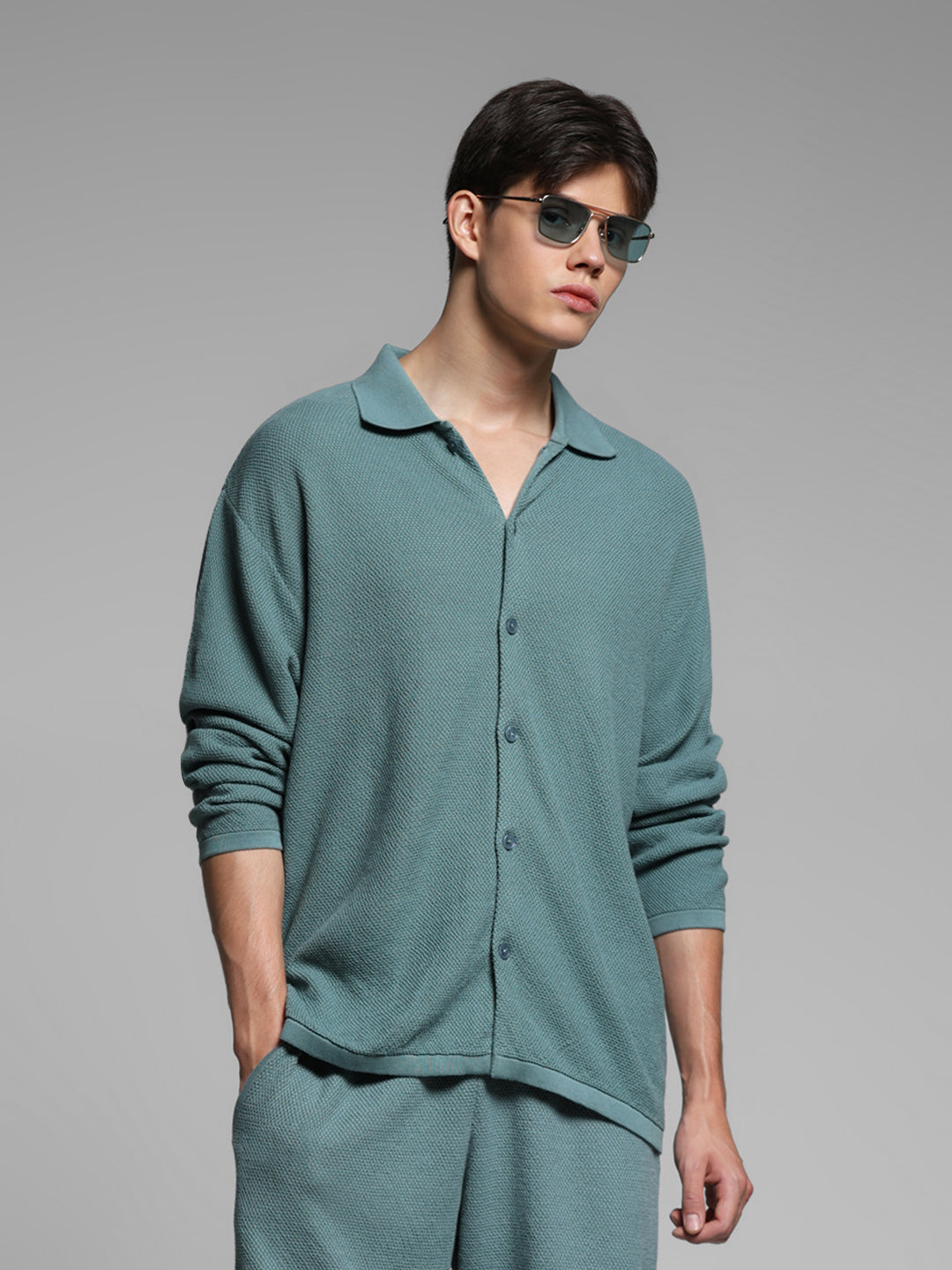 Green Front Open Knit Polo