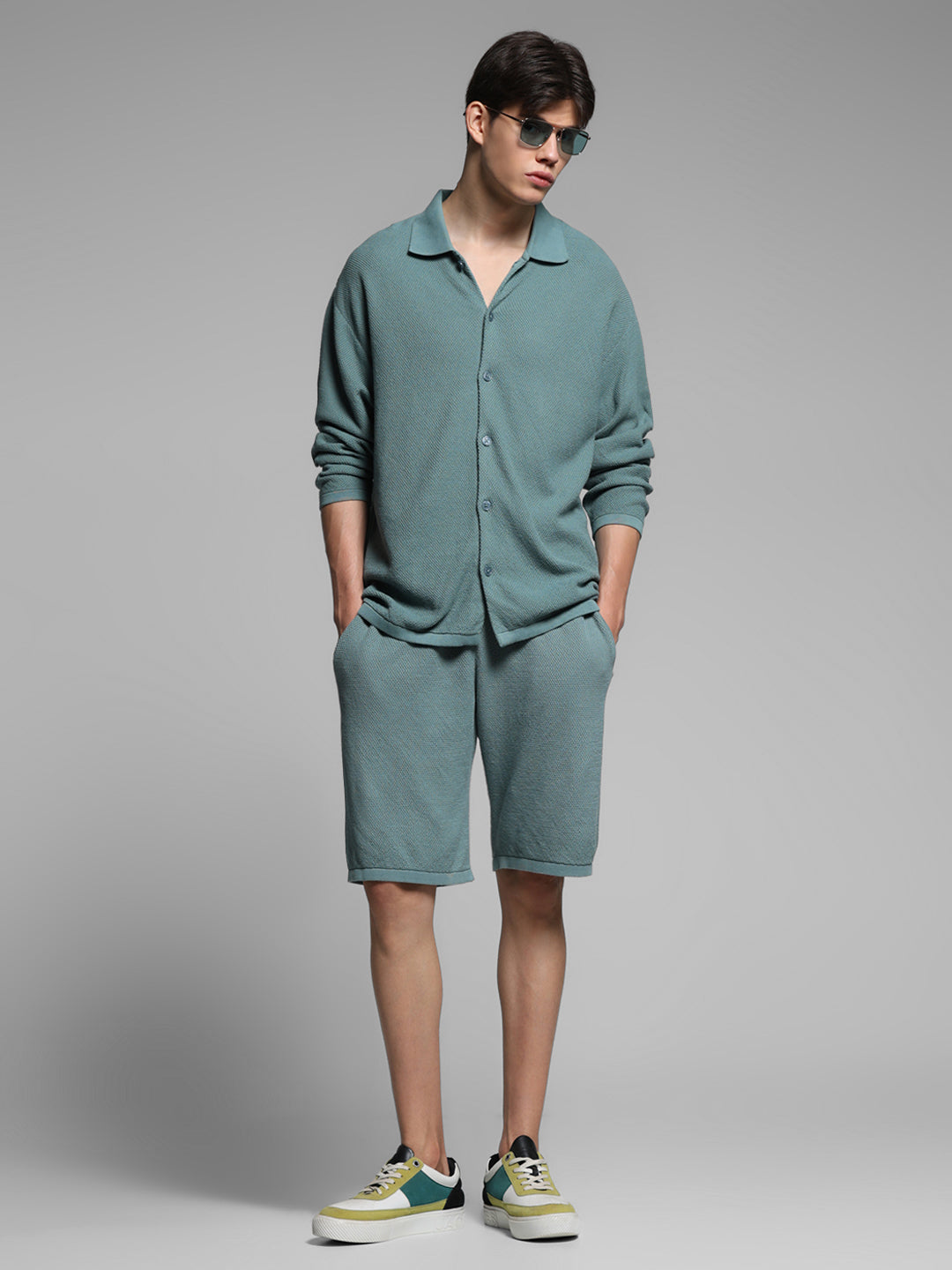 Green Front Open Knit Polo