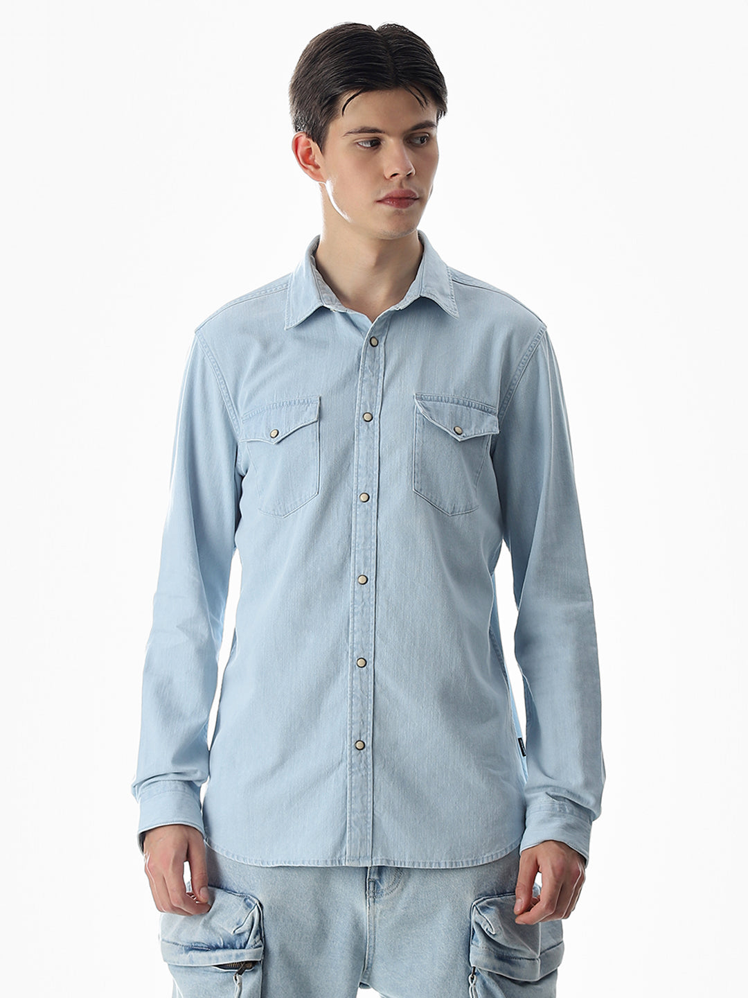 2 Patch Pocket Cotton Denim Shirt - Light Blue