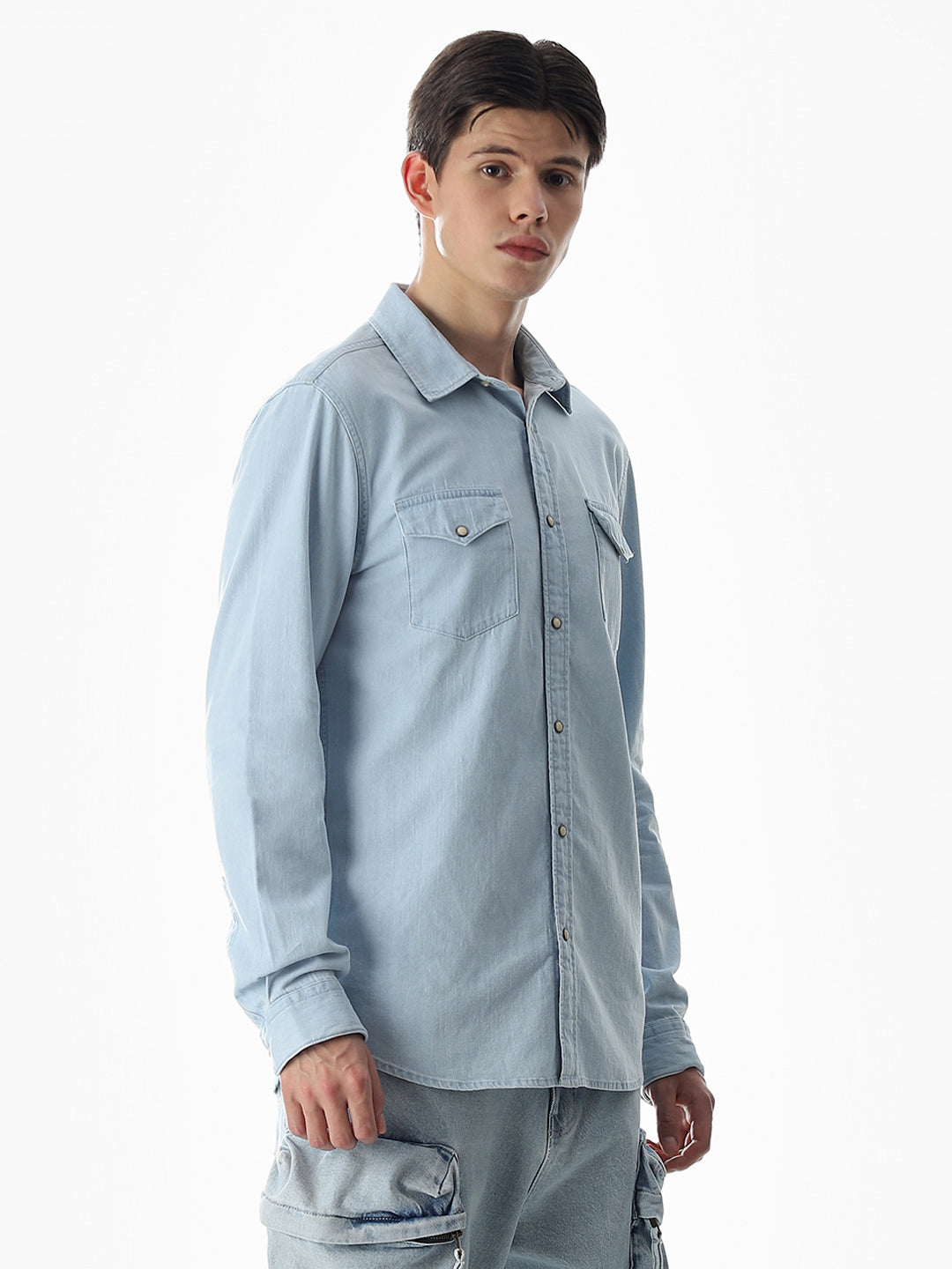 2 Patch Pocket Cotton Denim Shirt - Light Blue