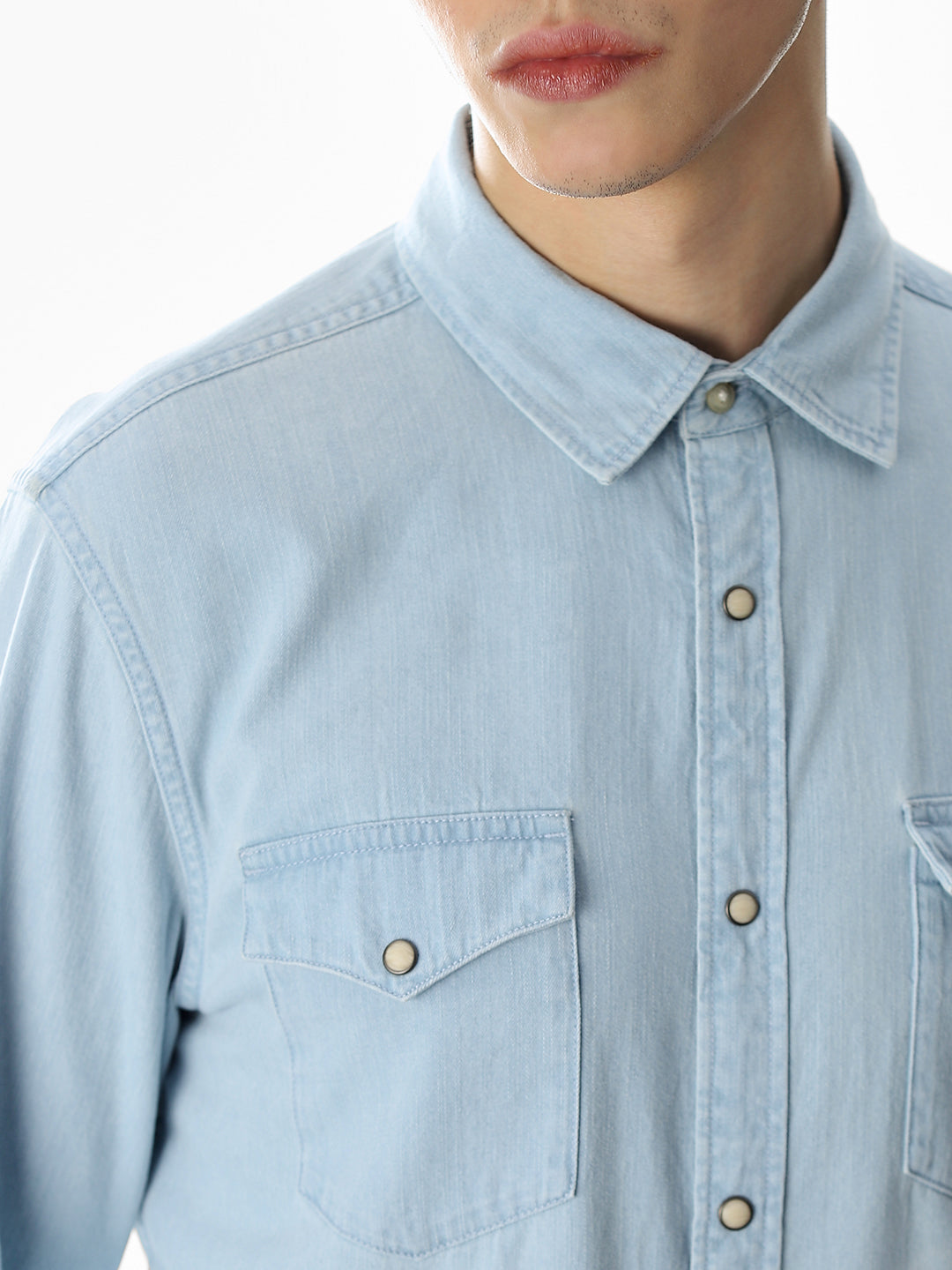 2 Patch Pocket Cotton Denim Shirt - Light Blue