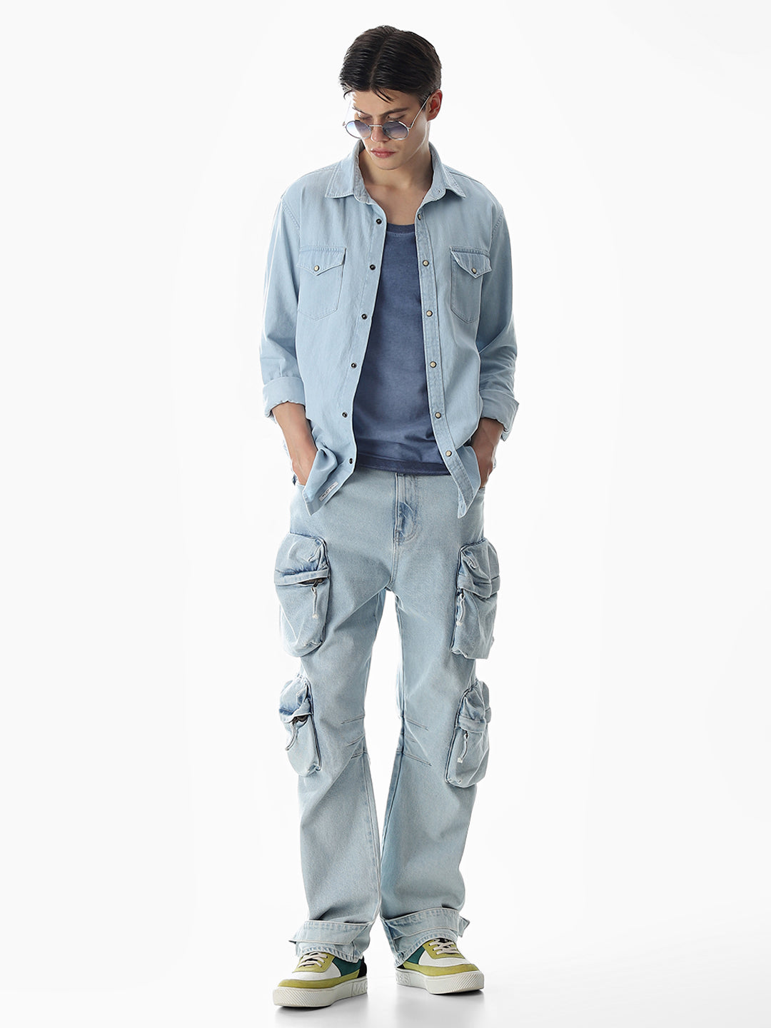 2 Patch Pocket Cotton Denim Shirt - Light Blue