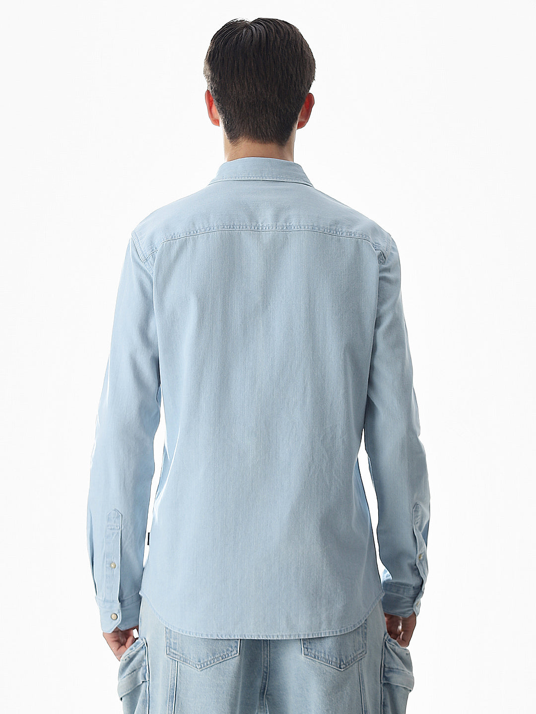 2 Patch Pocket Cotton Denim Shirt - Light Blue
