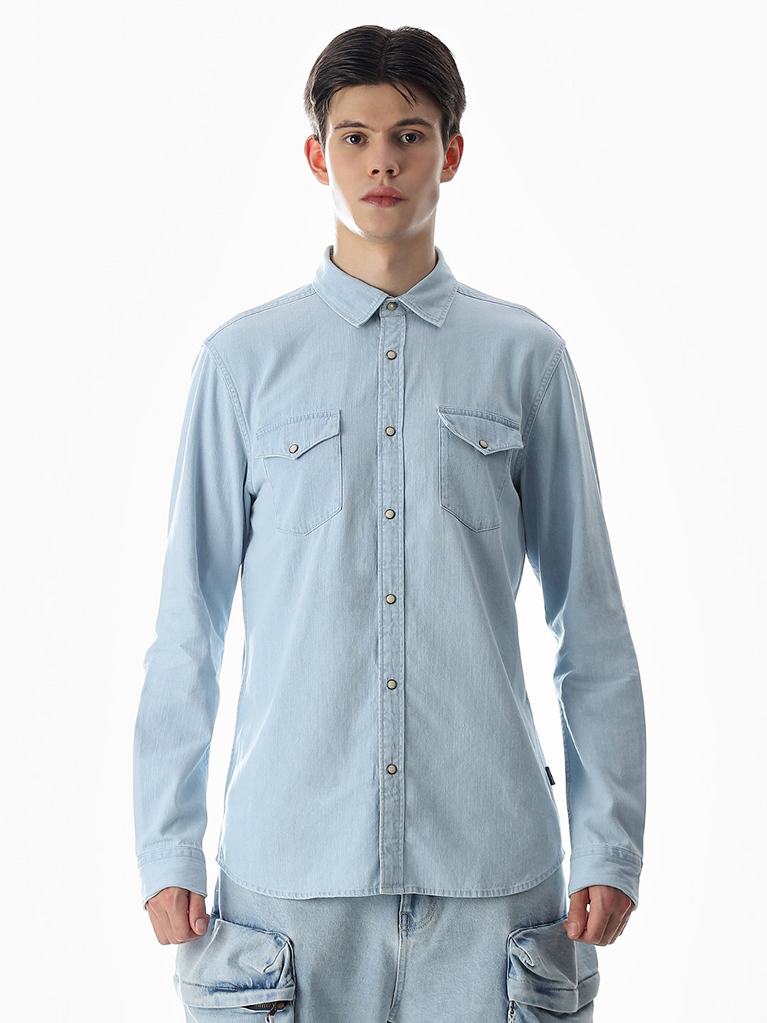 2 Patch Pocket Cotton Denim Shirt - Light Blue