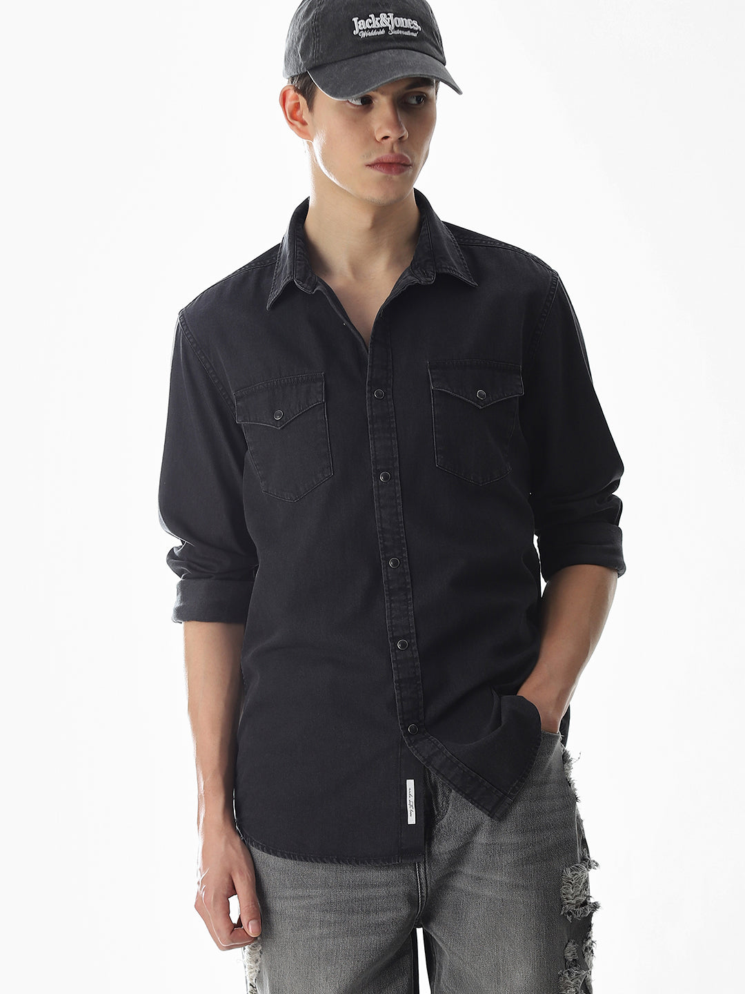Patch Pocket Cotton Denim Shirt Black