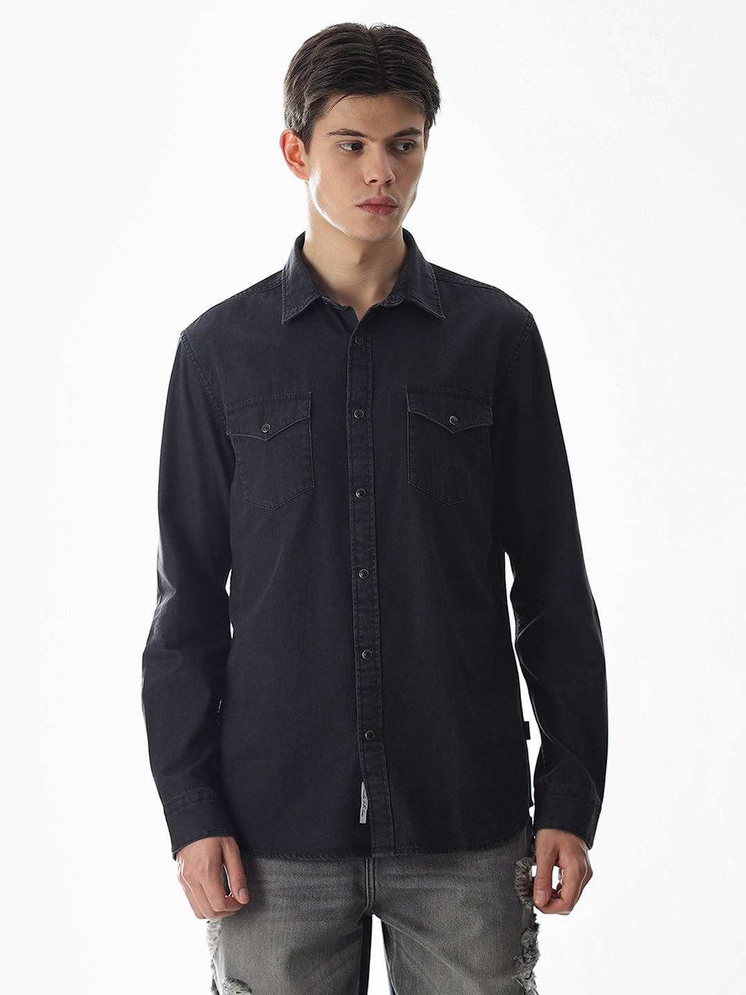 2 Patch Pocket Cotton Denim Shirt - Black