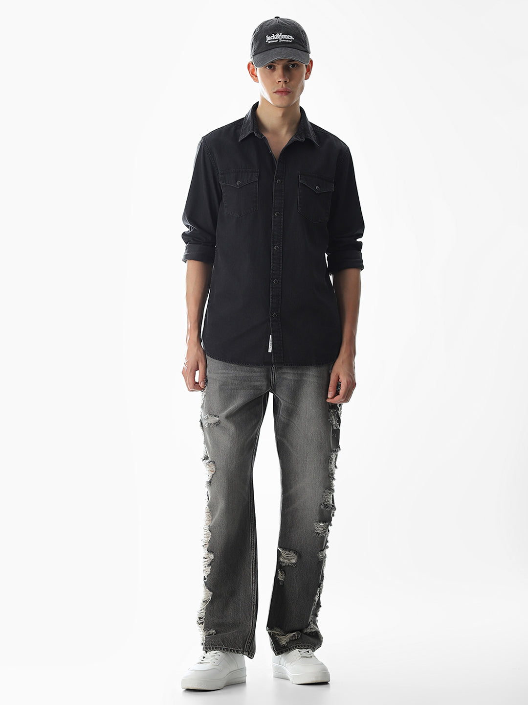 2 Patch Pocket Cotton Denim Shirt - Black