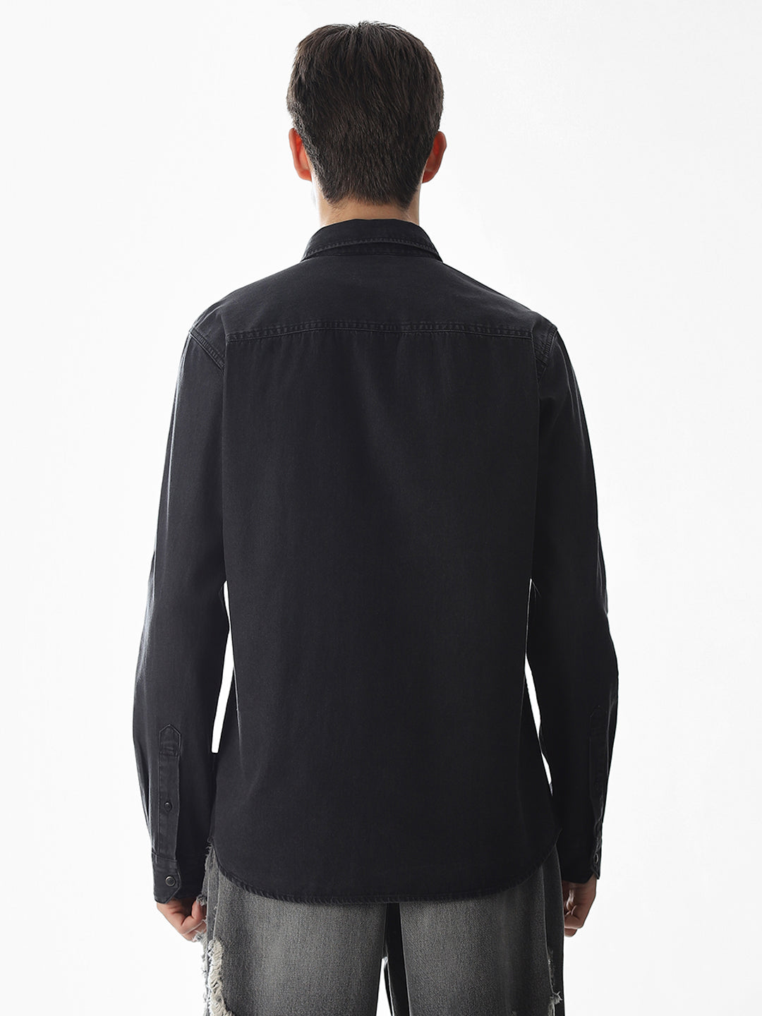 2 Patch Pocket Cotton Denim Shirt - Black