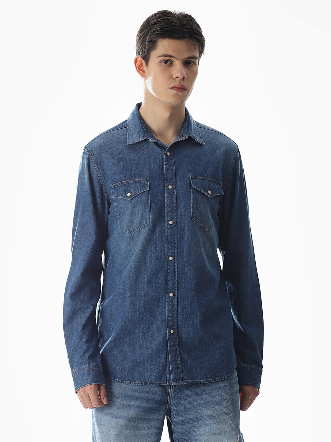 2 Patch Pocket Cotton Denim Shirt - Blue