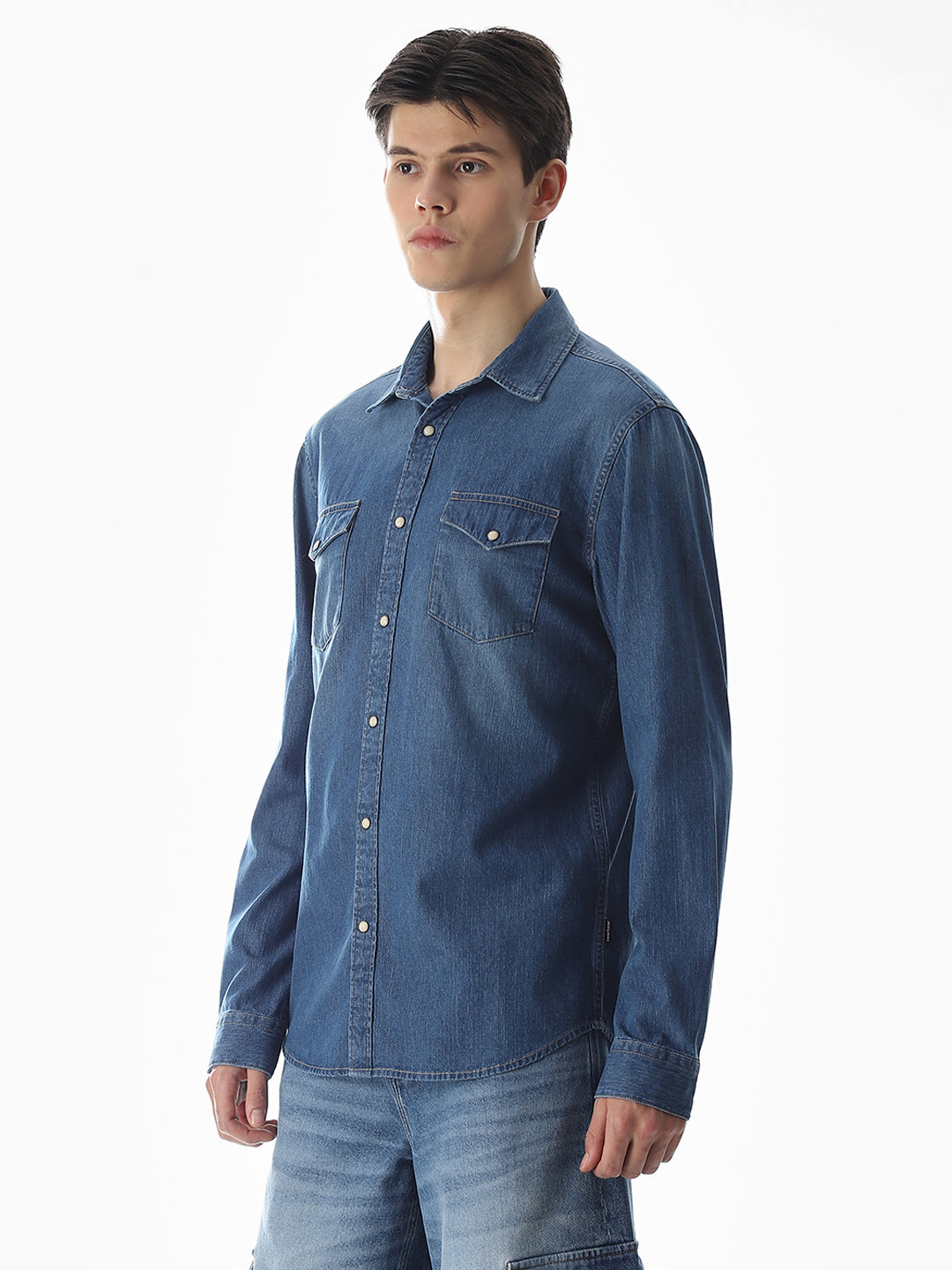 2 Patch Pocket Cotton Denim Shirt - Blue