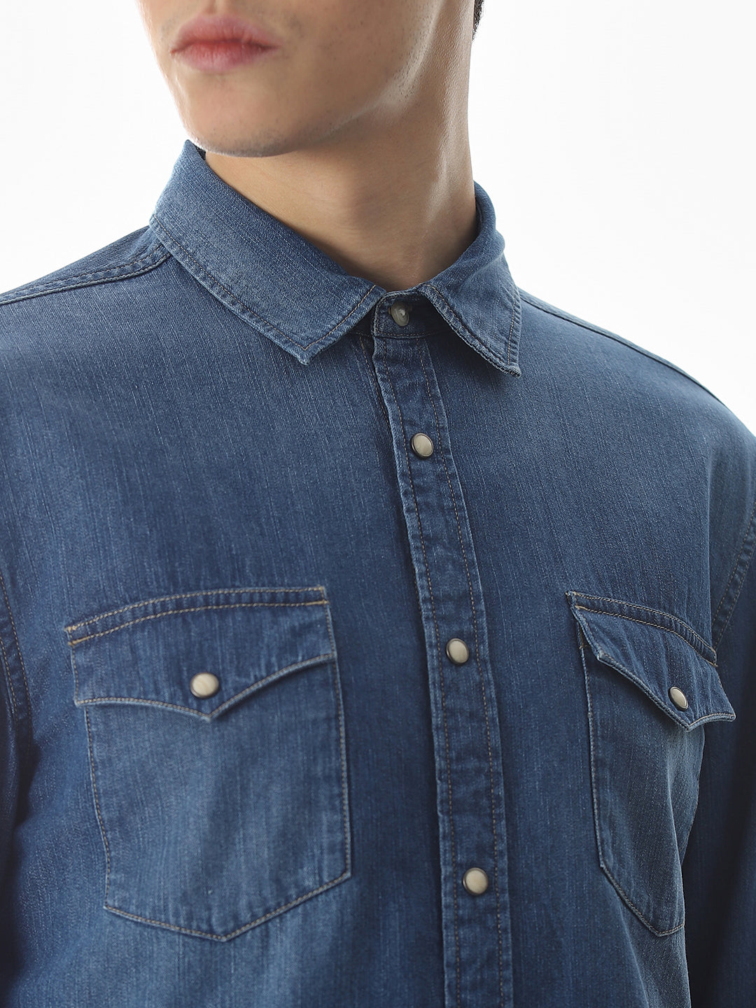 2 Patch Pocket Cotton Denim Shirt - Blue