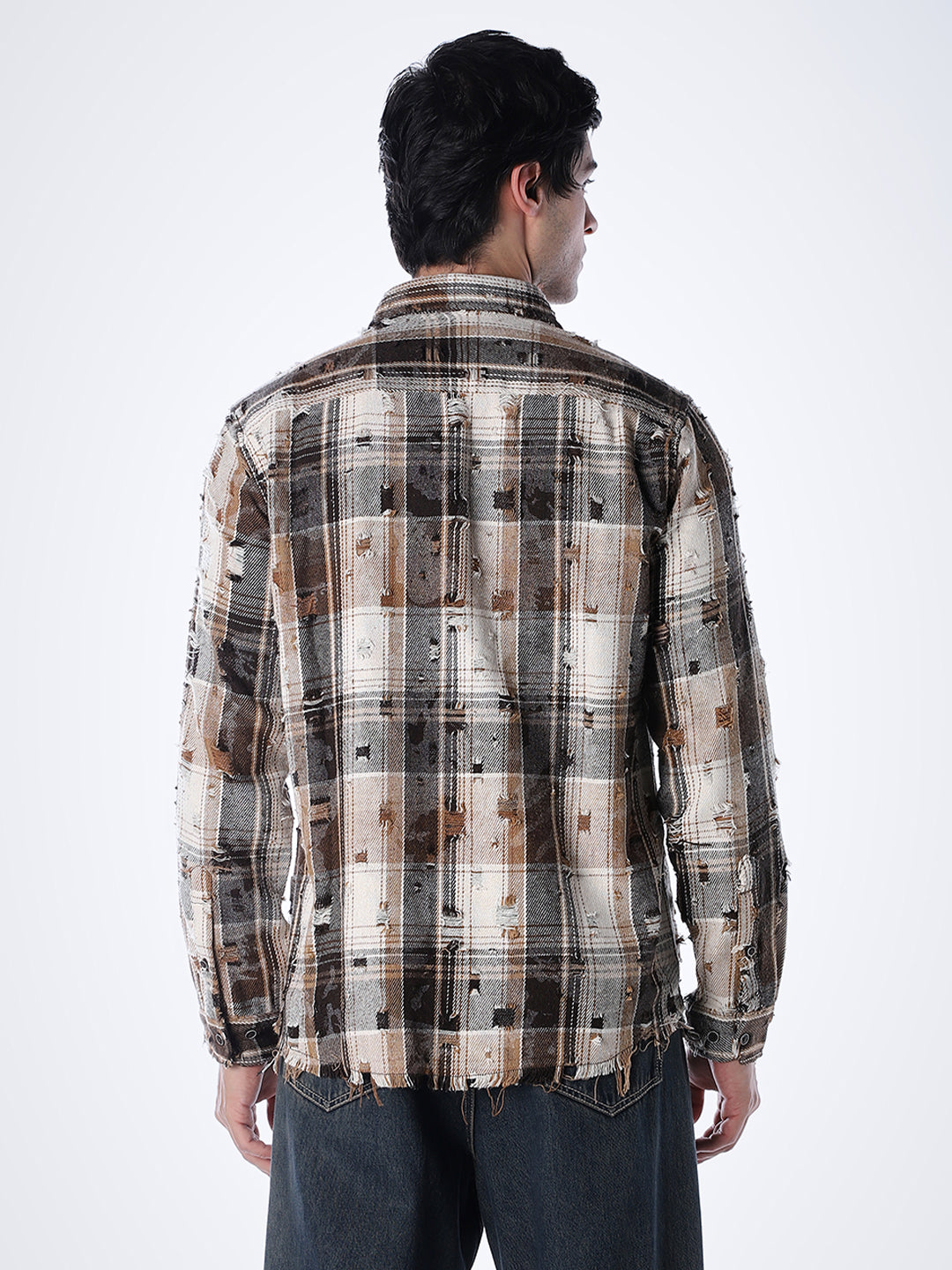 Distressed Check Regular Fit Shirt - Brown