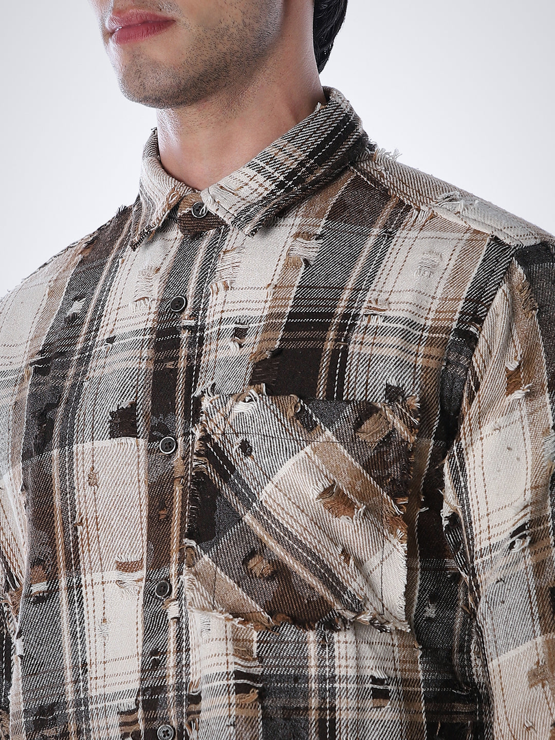 Distressed Check Regular Fit Shirt - Brown