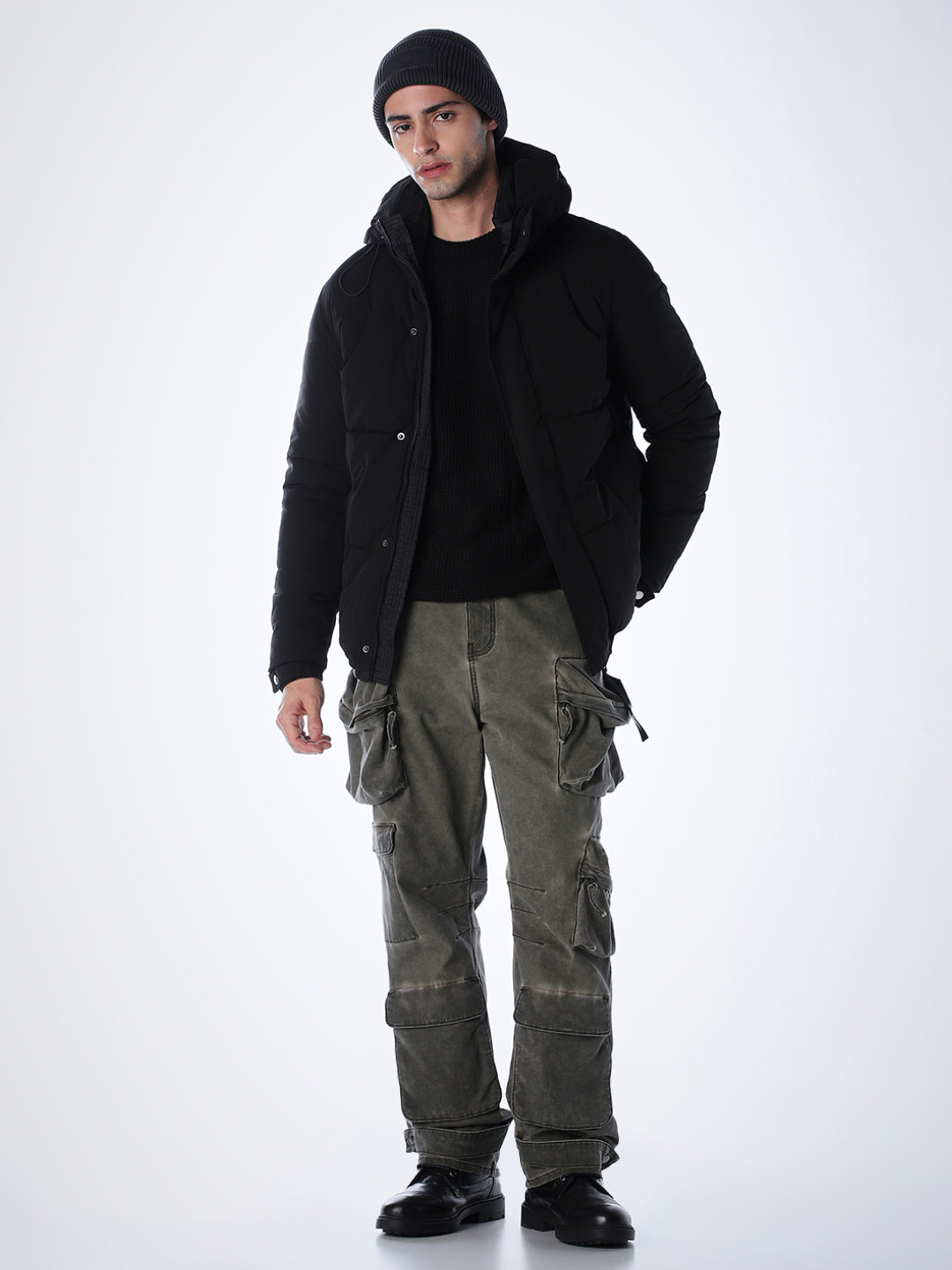 Black High Rise Hooded Puffer Jacket