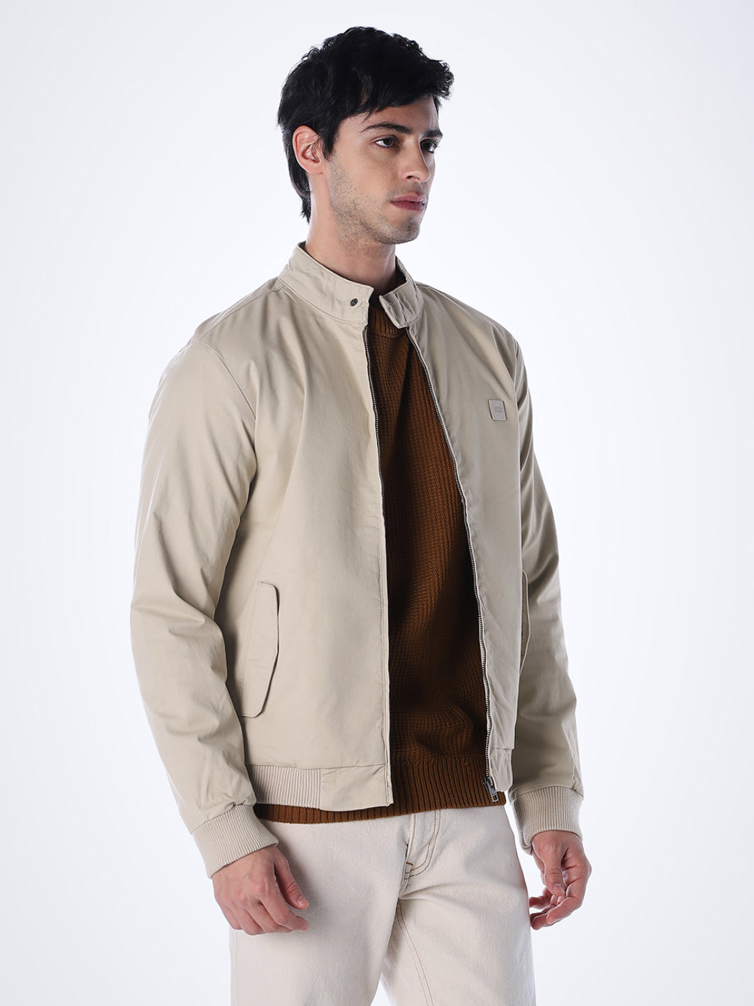 Beige Regular Fit Bomber Jacket