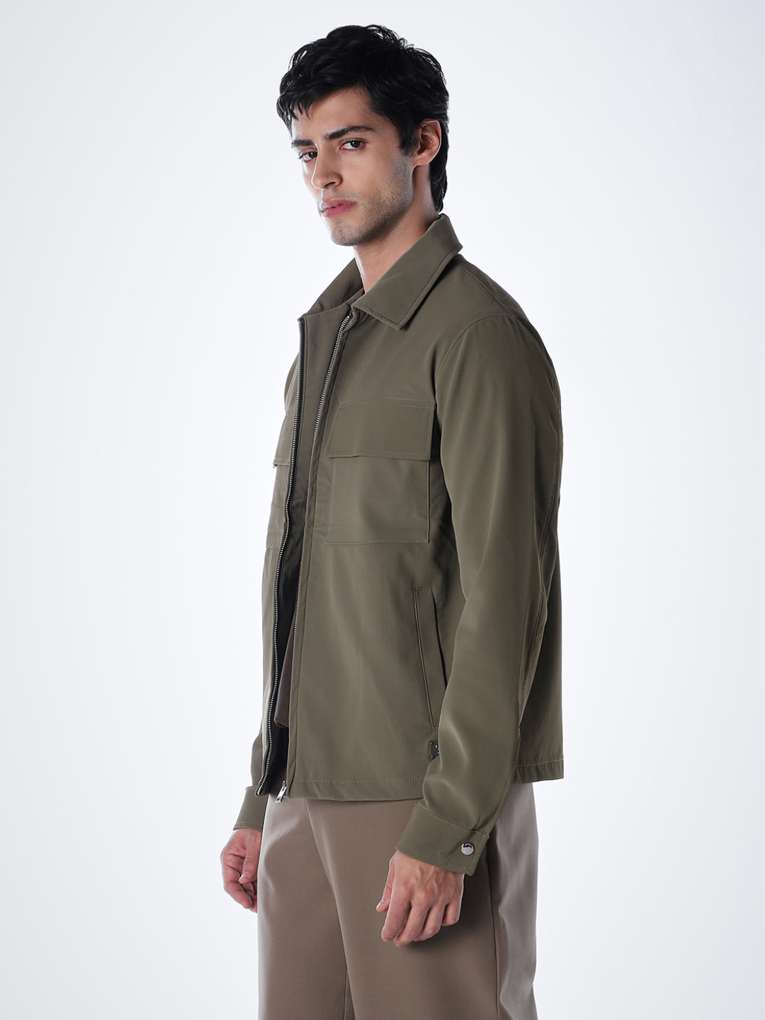 Zip-Front Casual Jacket - Olive Green
